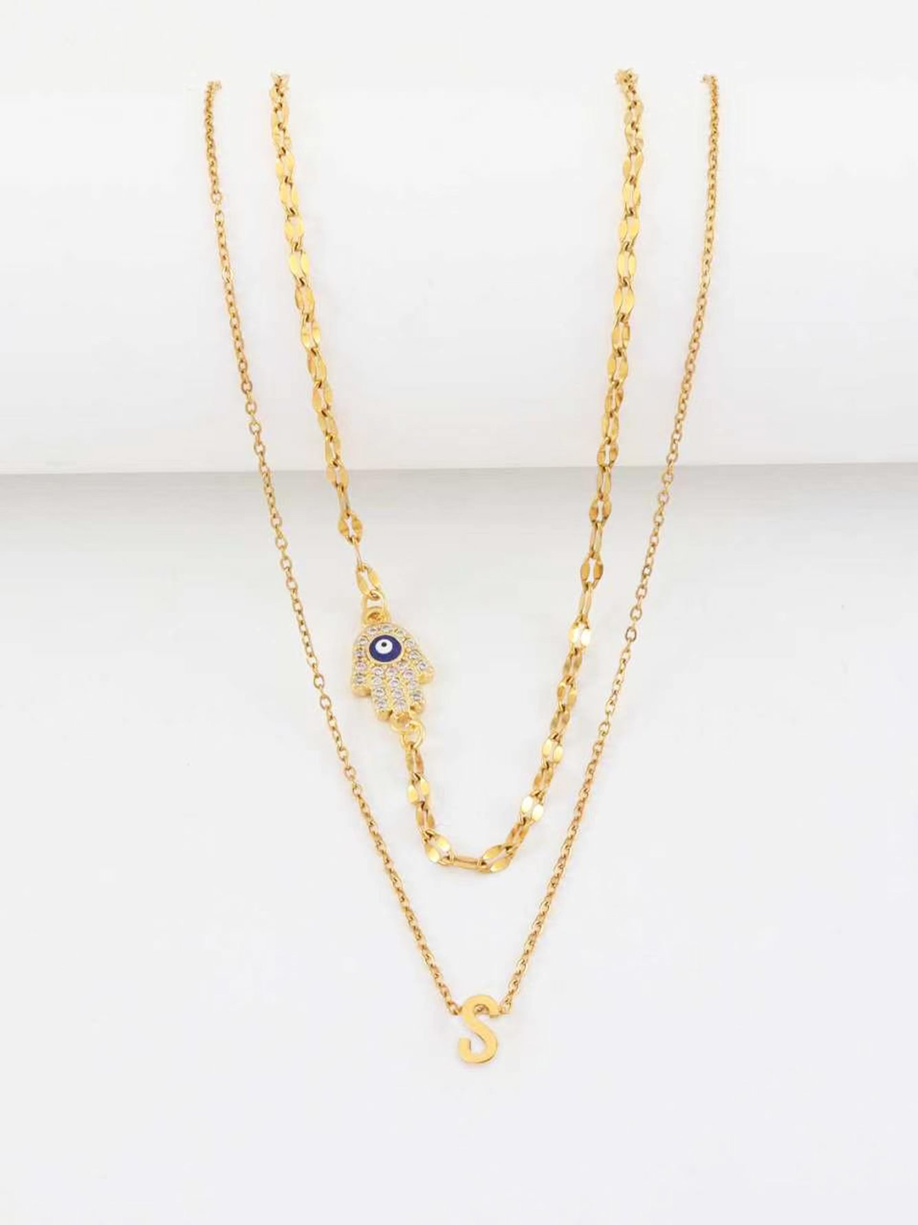 Set of 2 - Hamsa Palm Initial Pendant Necklace