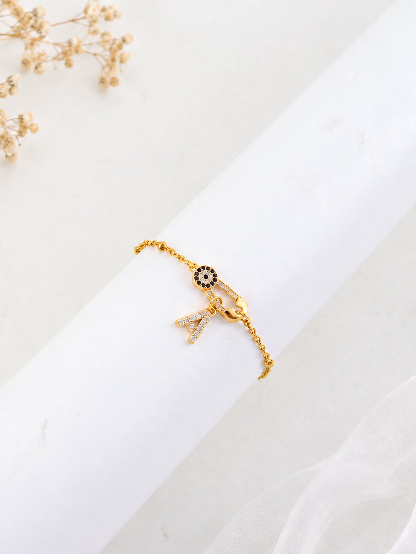 Golden Evil Eye Initial Bracelet with Safety Pin Charm