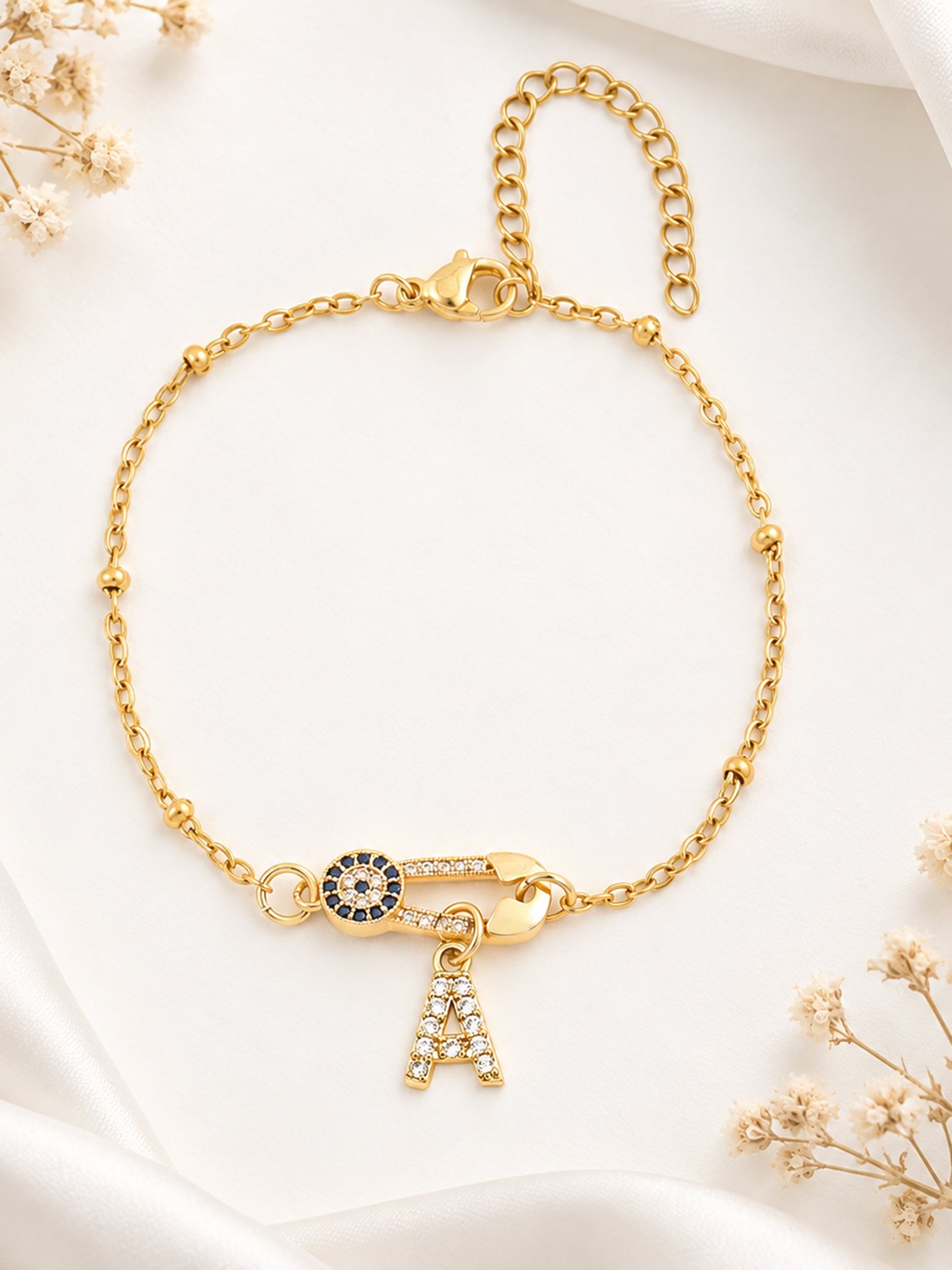 Golden Evil Eye Initial Bracelet with Safety Pin Charm