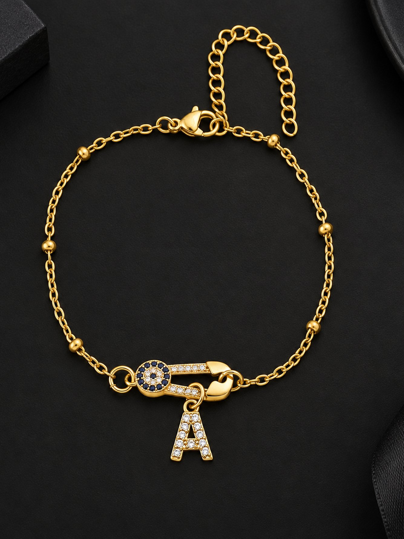 Golden Evil Eye Initial Bracelet with Safety Pin Charm