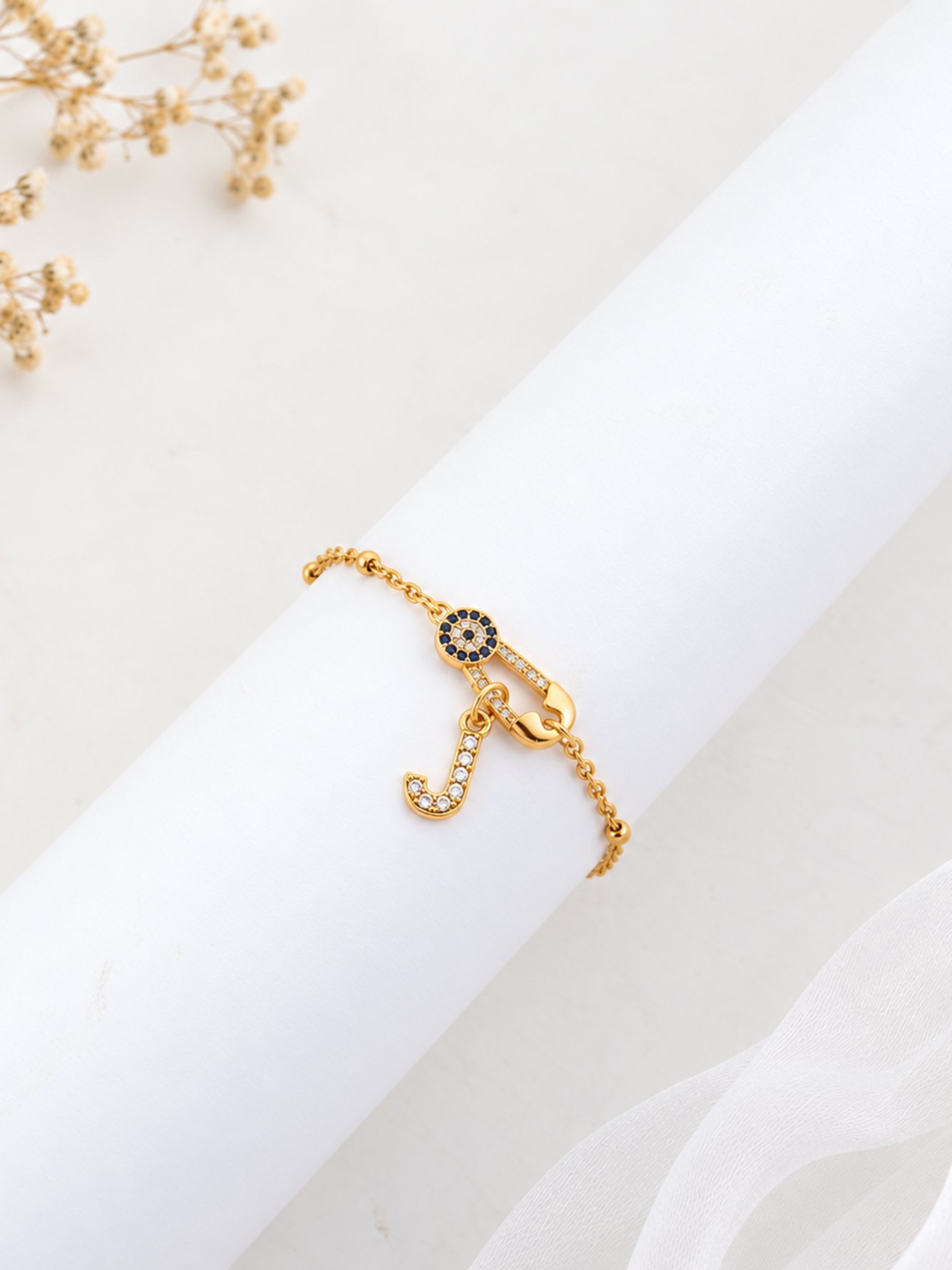 Gold Evil Eye Initial J Pin Bracelet