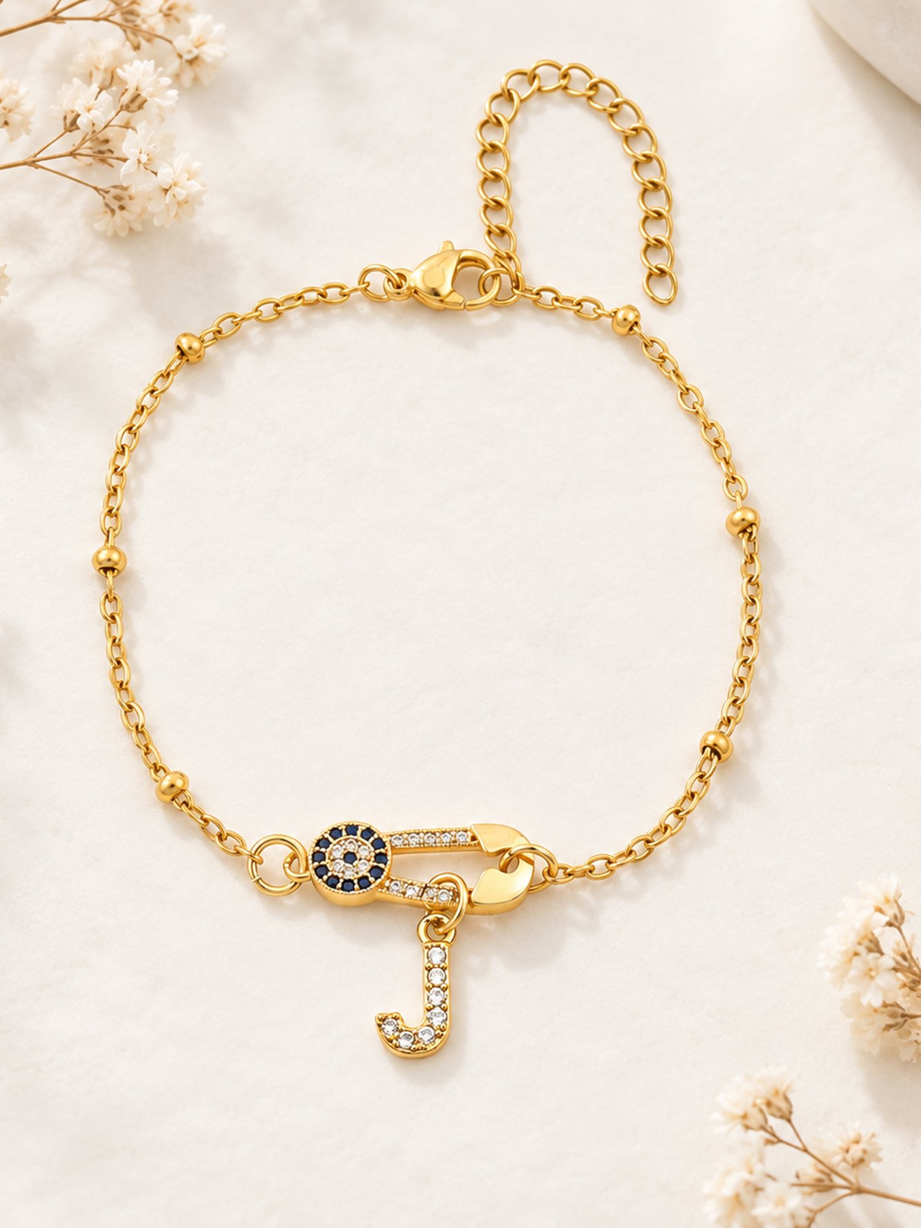 Gold Evil Eye Initial J Pin Bracelet