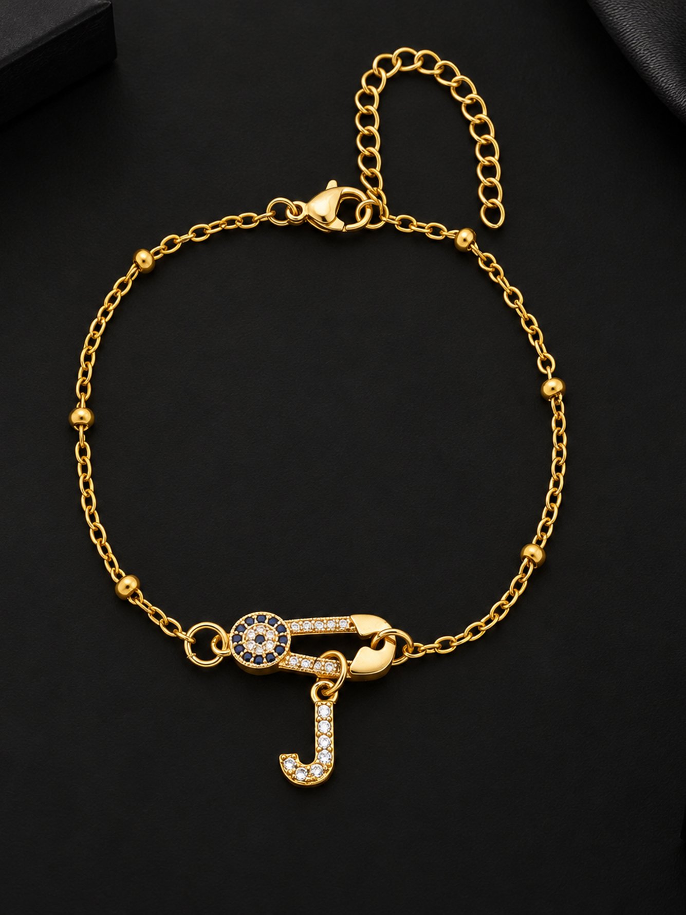 Gold Evil Eye Initial J Pin Bracelet