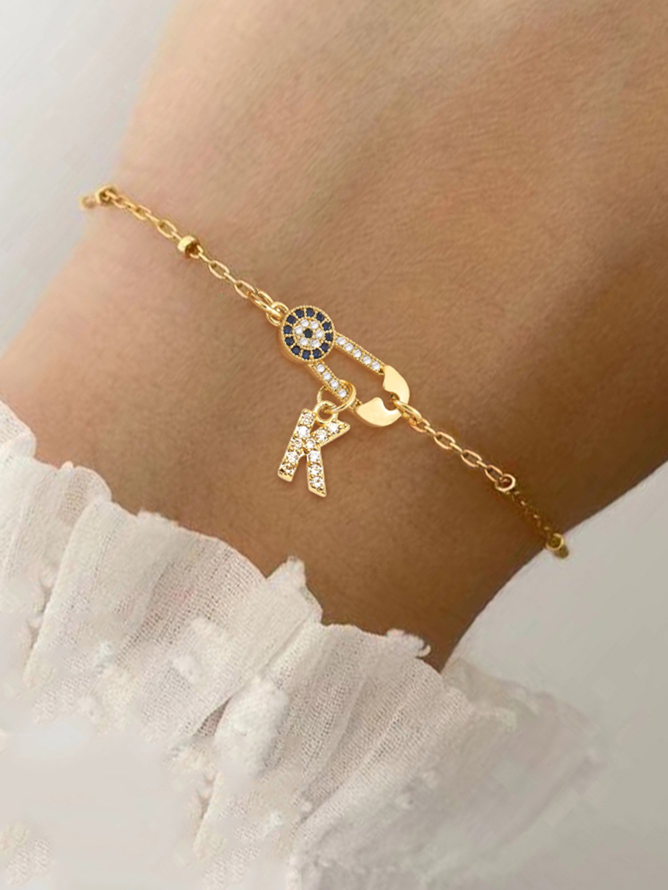 Gold Plated Evil Eye and Initial K Bracelet