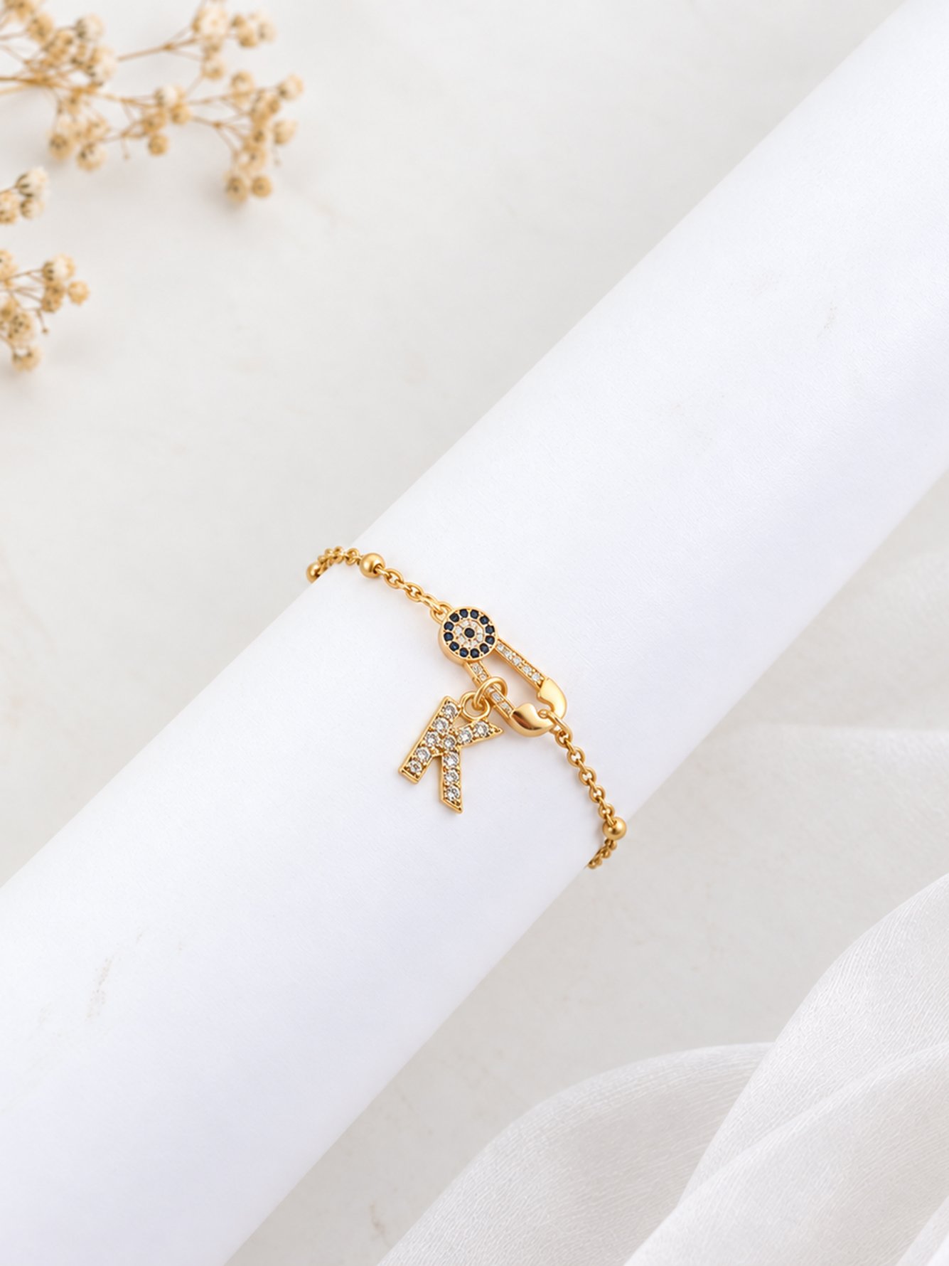 Gold Plated Evil Eye and Initial K Bracelet
