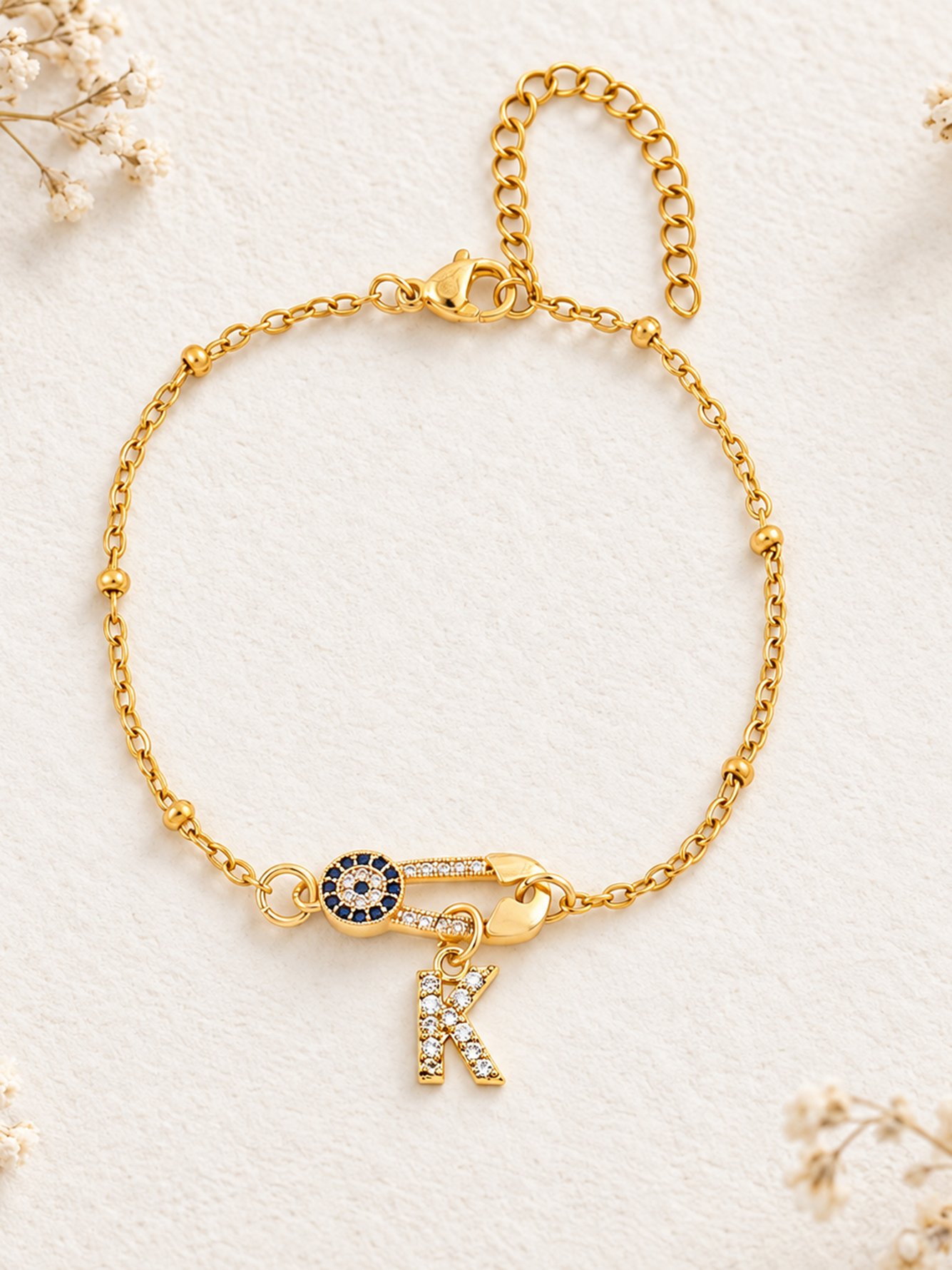 Gold Plated Evil Eye and Initial K Bracelet