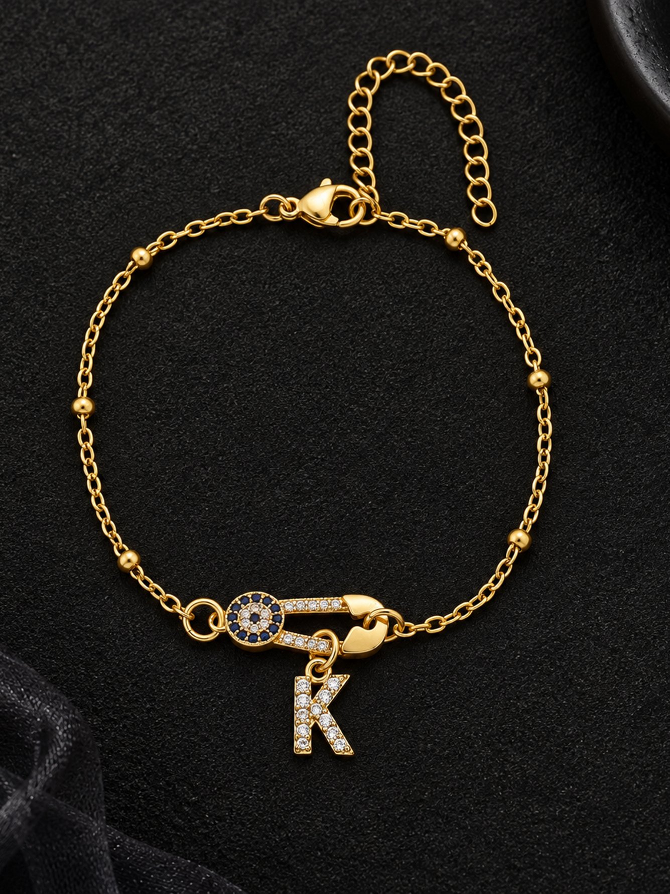 Gold Plated Evil Eye and Initial K Bracelet