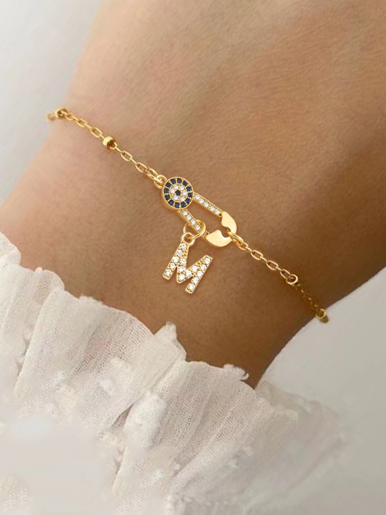 Gold Evil Eye M Initial Bracelet