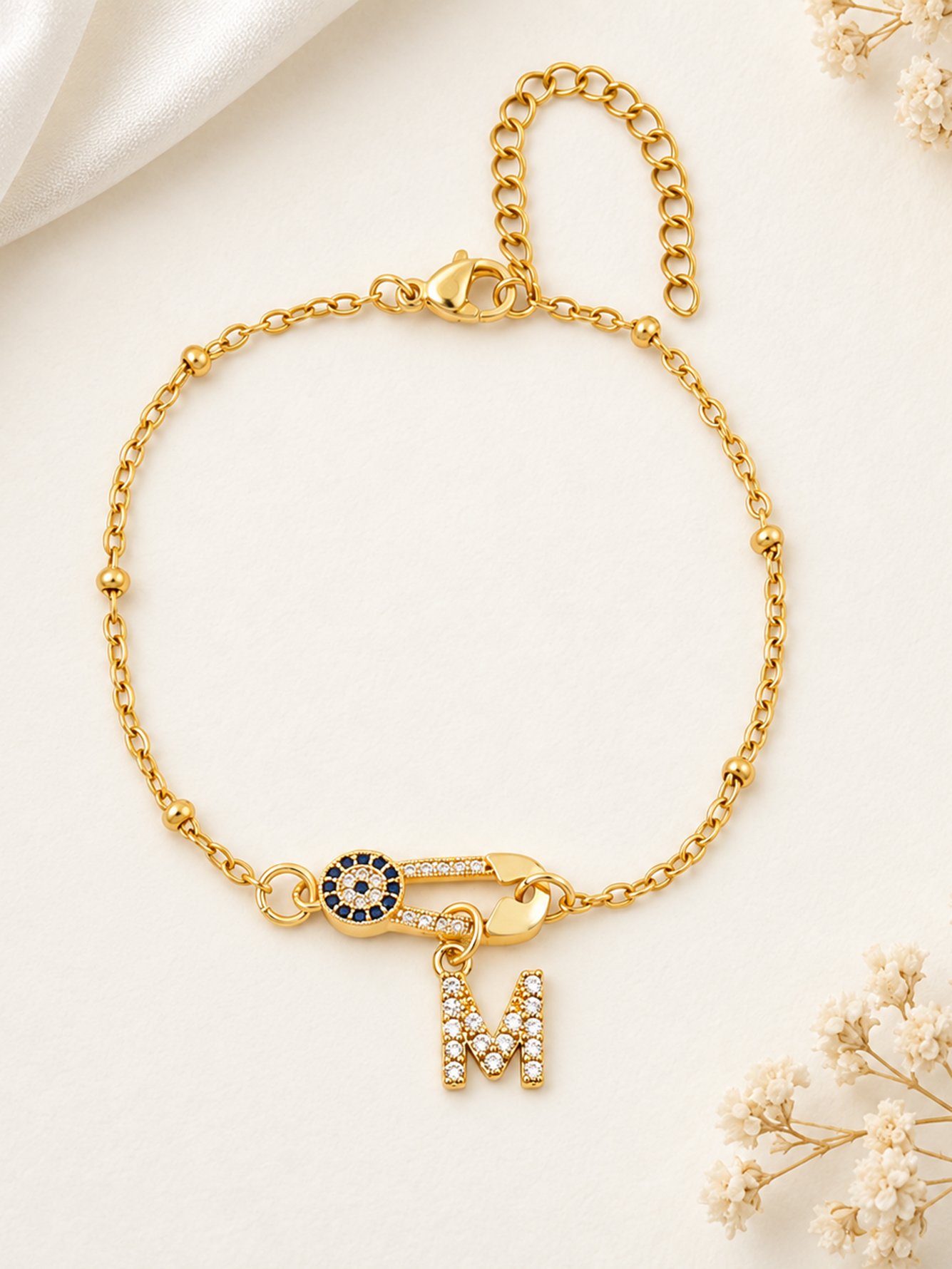 Gold Evil Eye M Initial Bracelet
