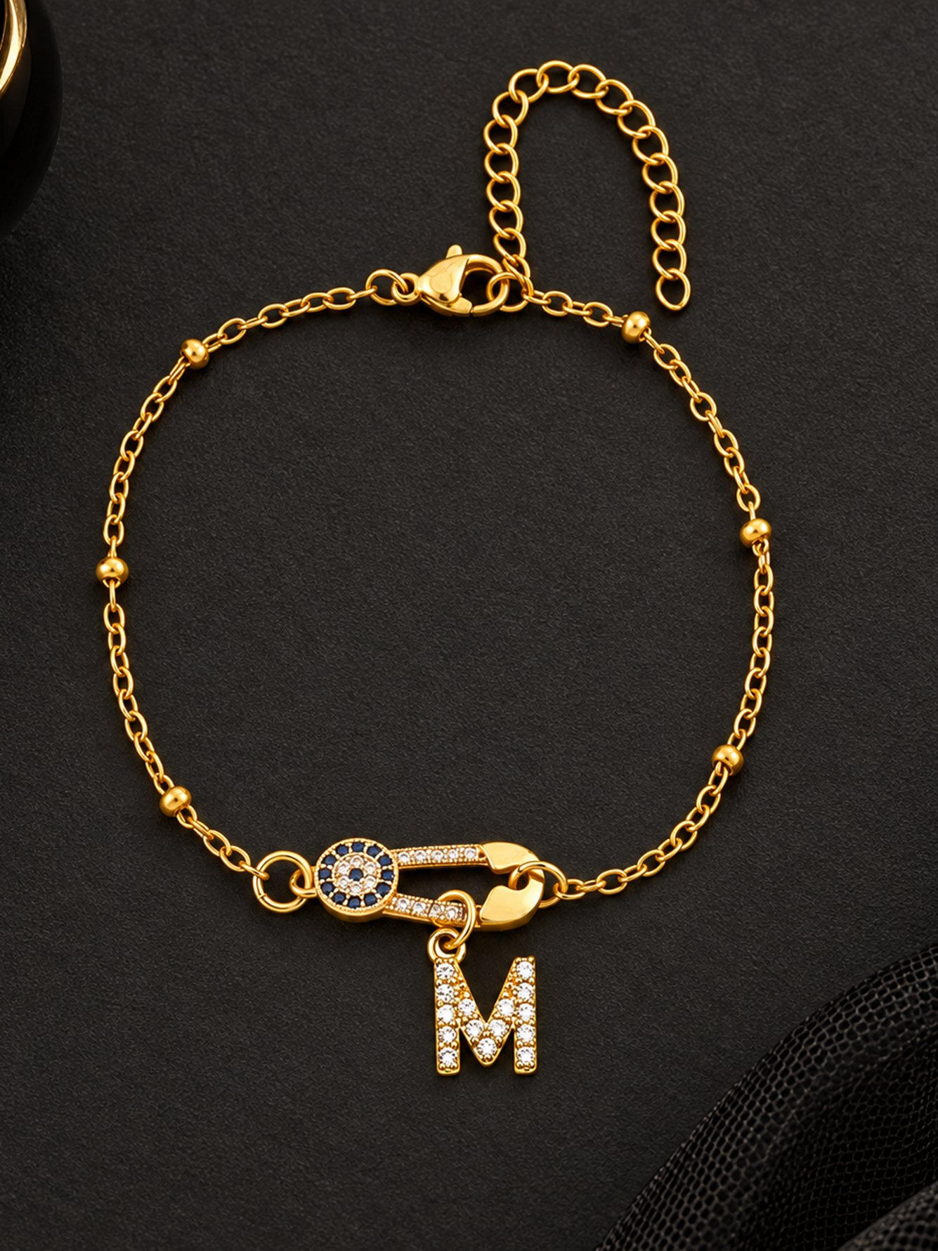 Gold Evil Eye M Initial Bracelet