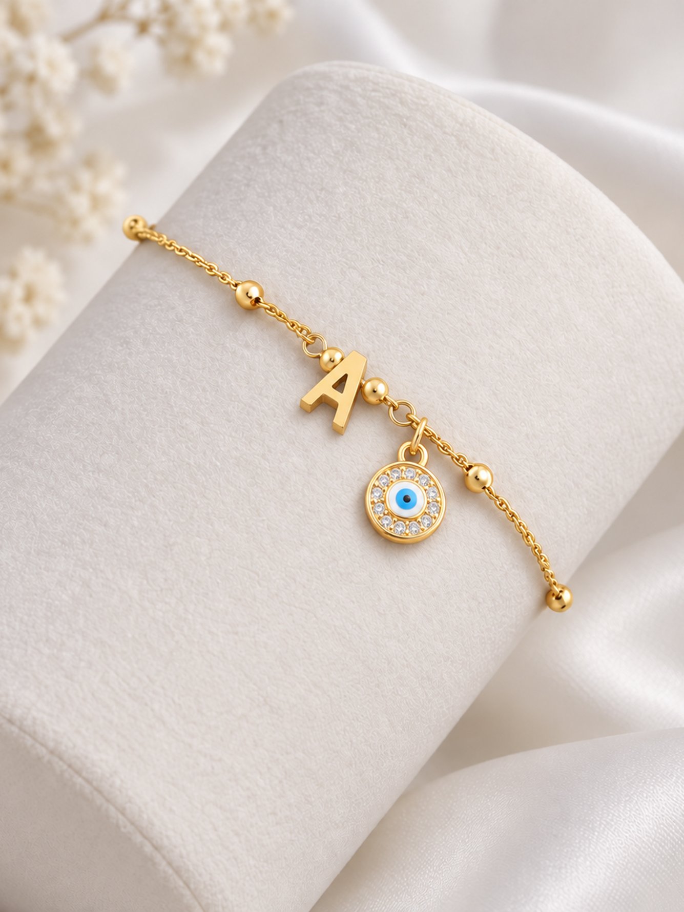 Gold Initial A Evil Eye Charm Bracelet
