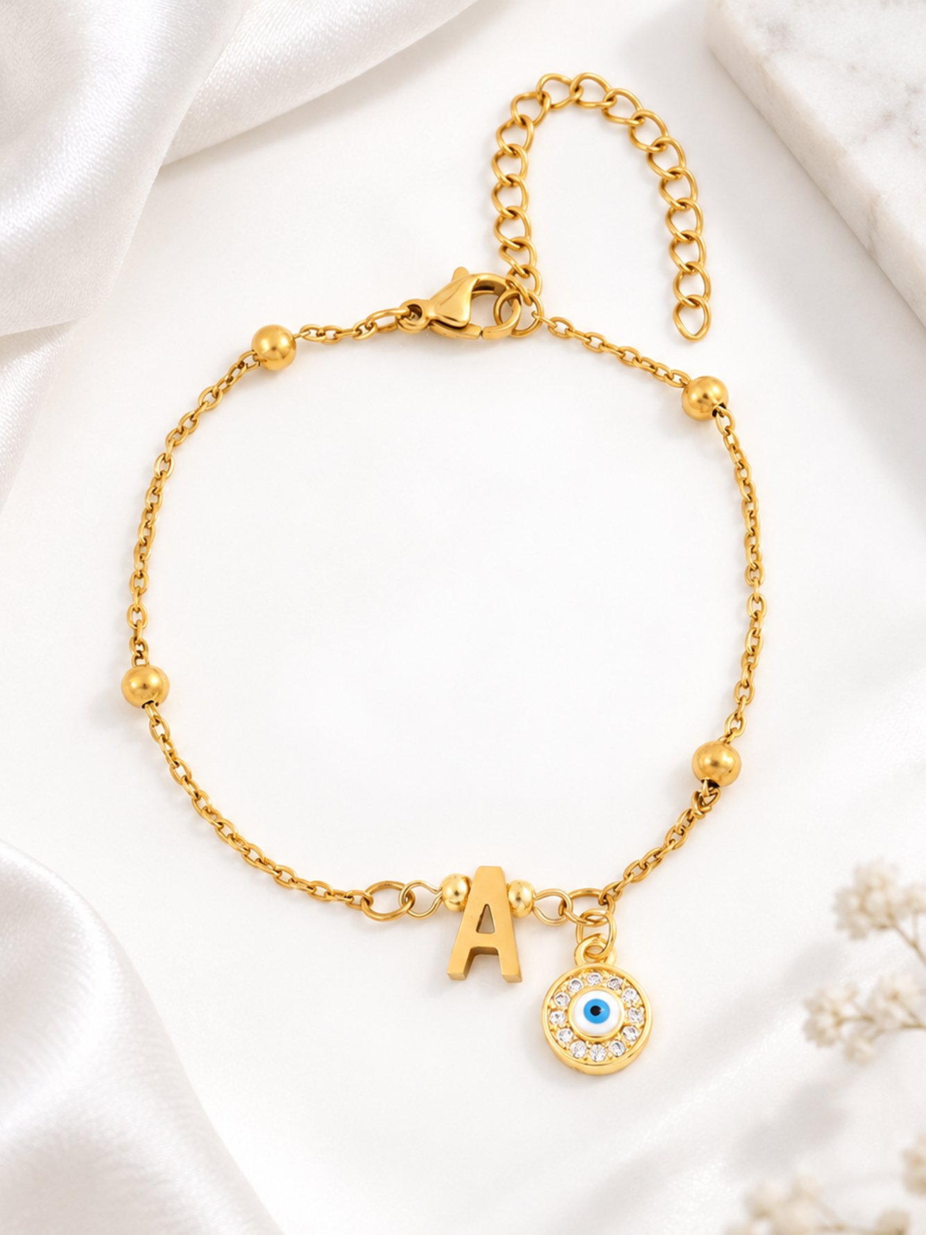 Gold Initial A Evil Eye Charm Bracelet