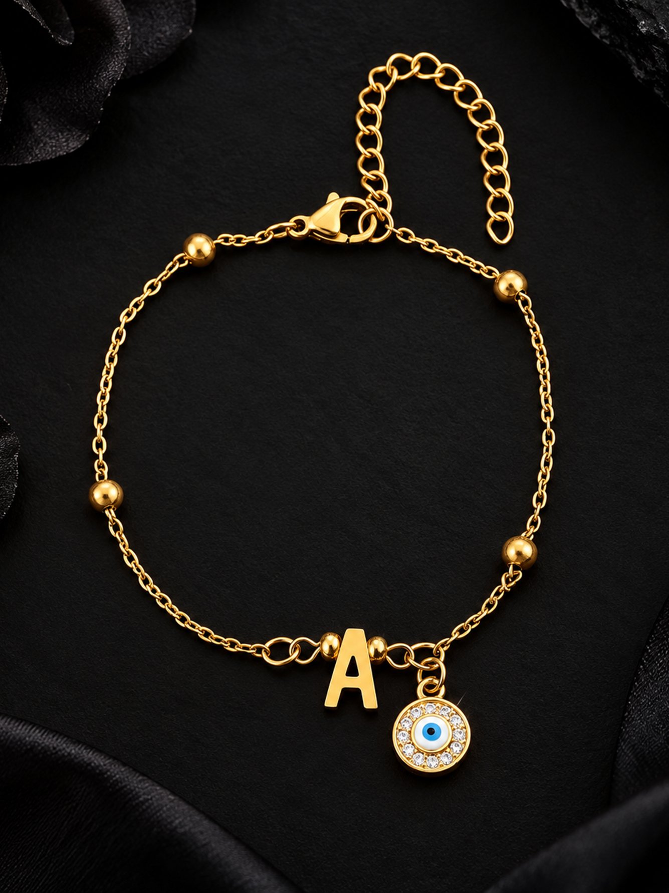 Gold Initial A Evil Eye Charm Bracelet