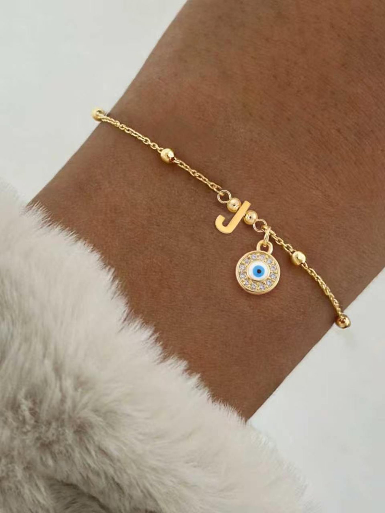 Gold Evil Eye and Initial J Bracelet