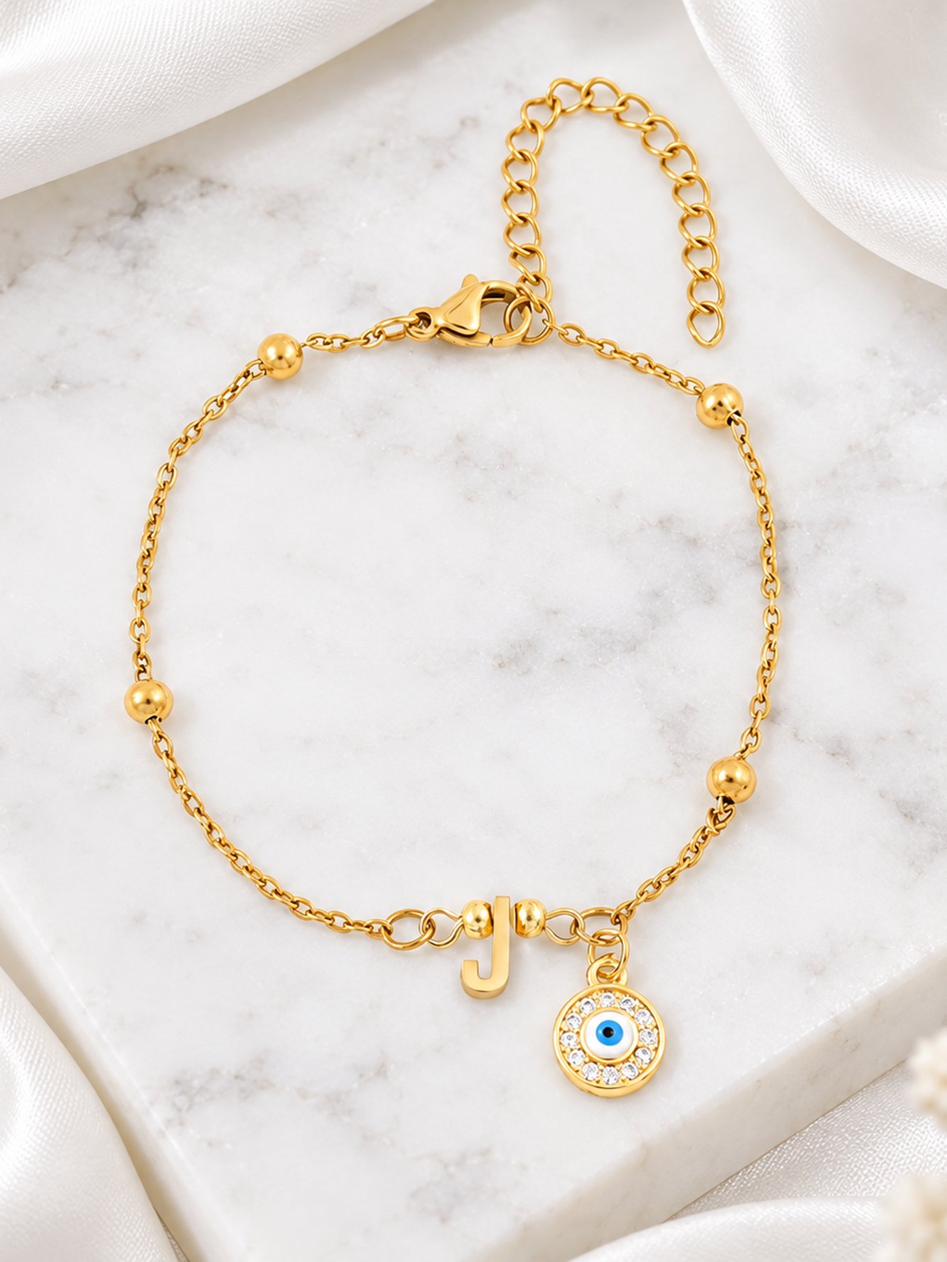 Gold Evil Eye and Initial J Bracelet