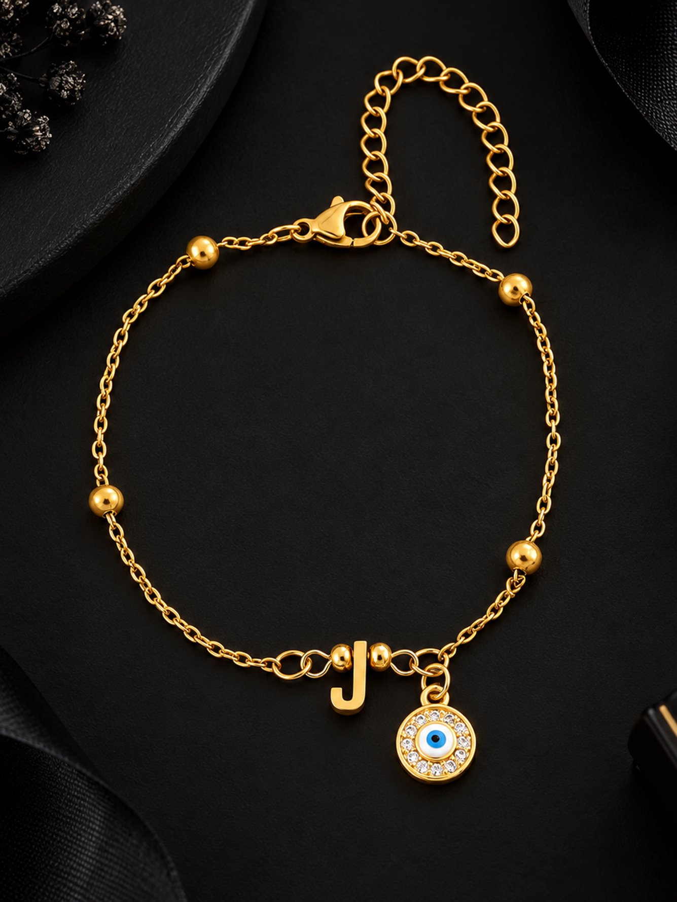 Gold Evil Eye and Initial J Bracelet