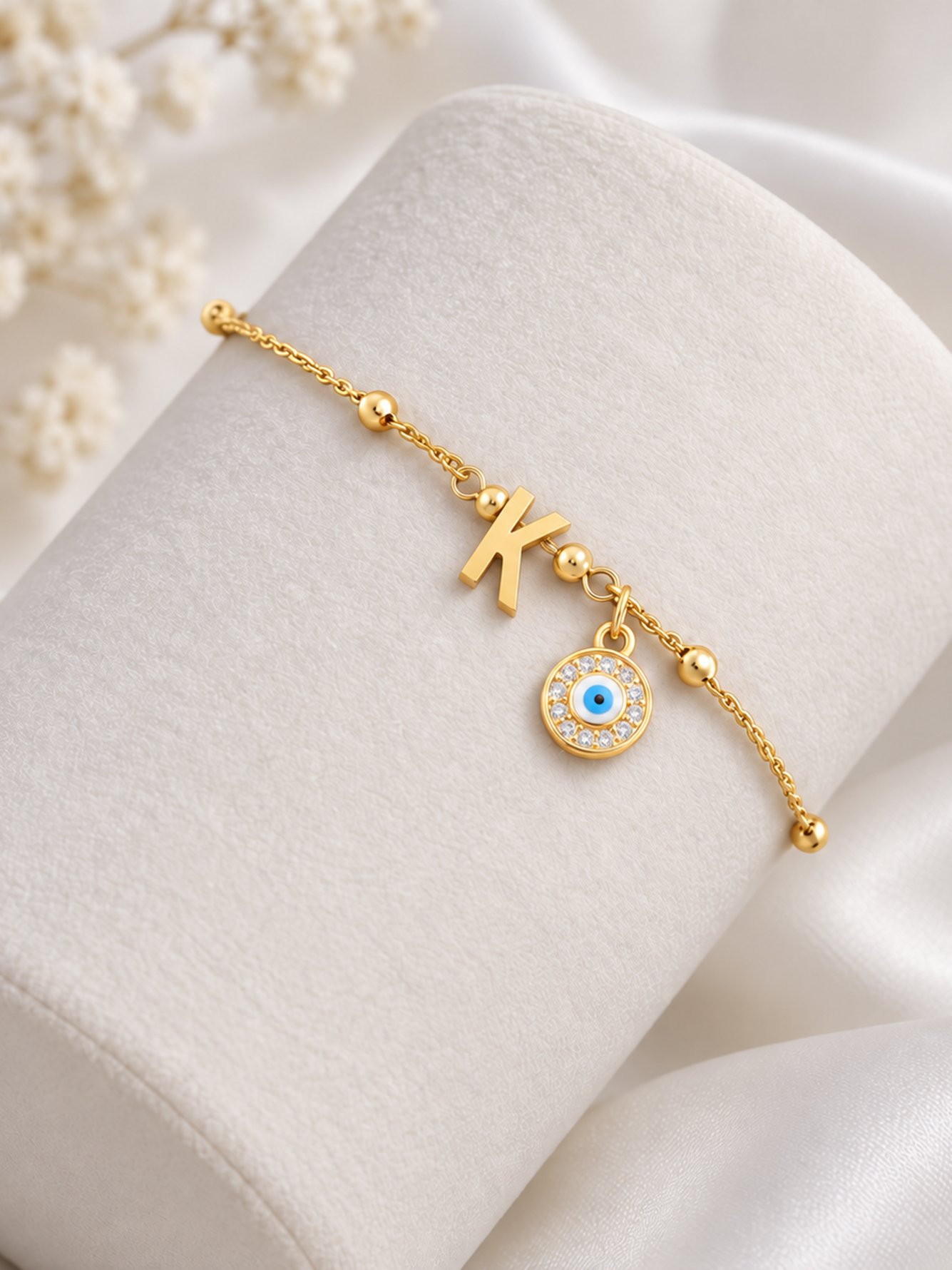 Round Evil Eye Initial K Pendant Bracelet