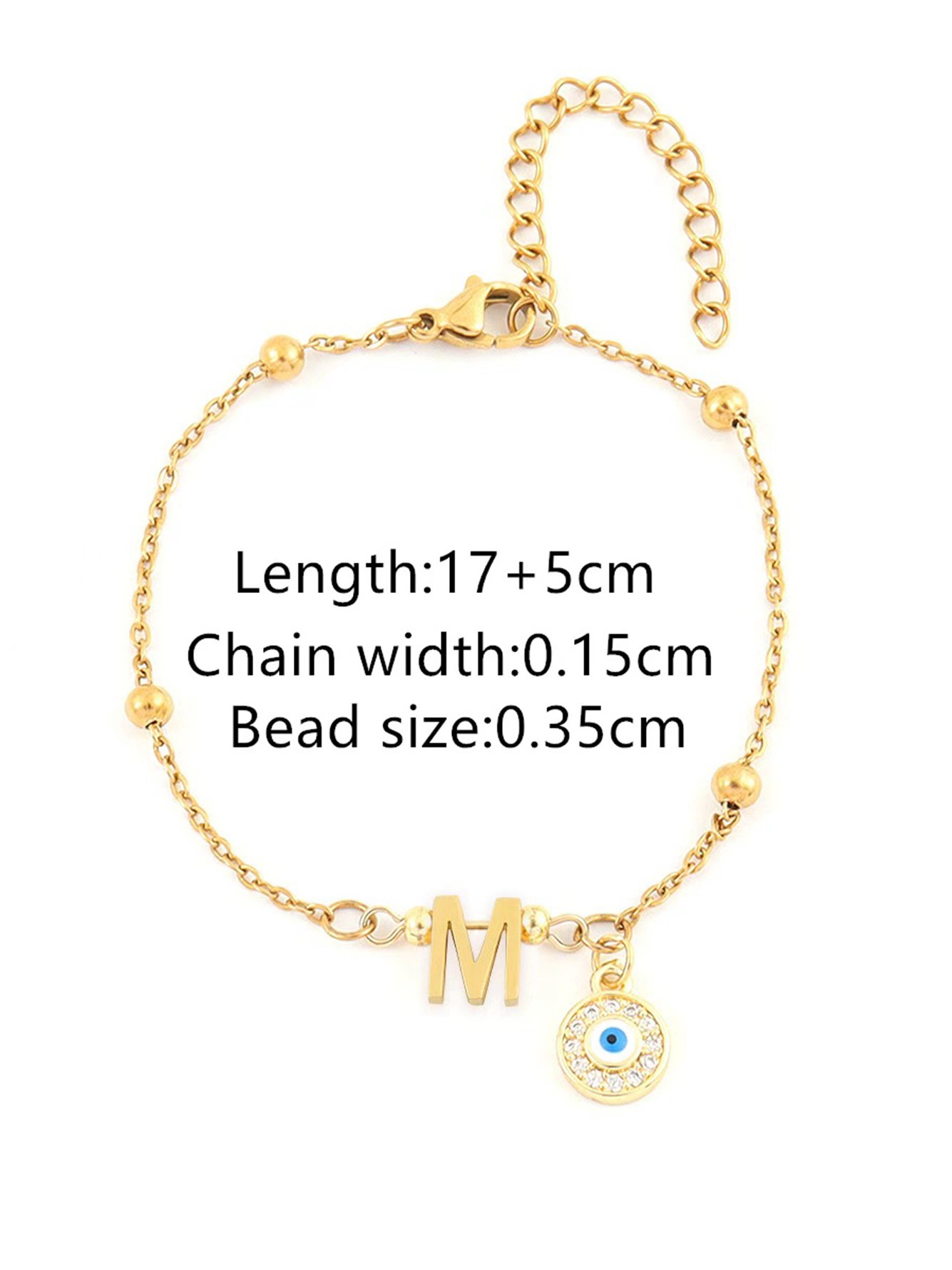 Round Evil Eye Initial M Pendant Golden Stainless Steel Chain Bracelet