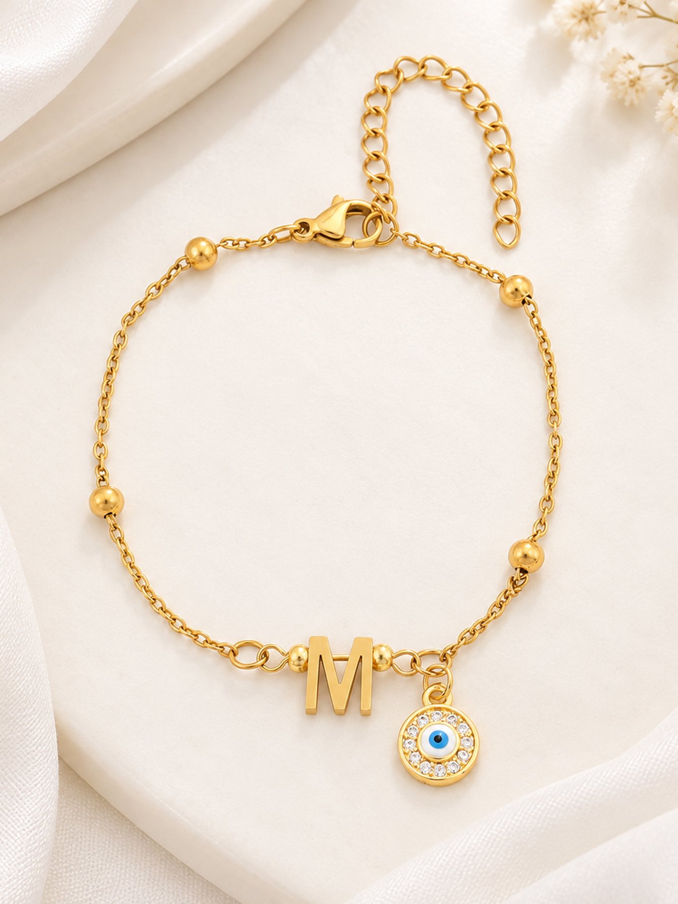 Round Evil Eye Initial M Pendant Golden Stainless Steel Chain Bracelet