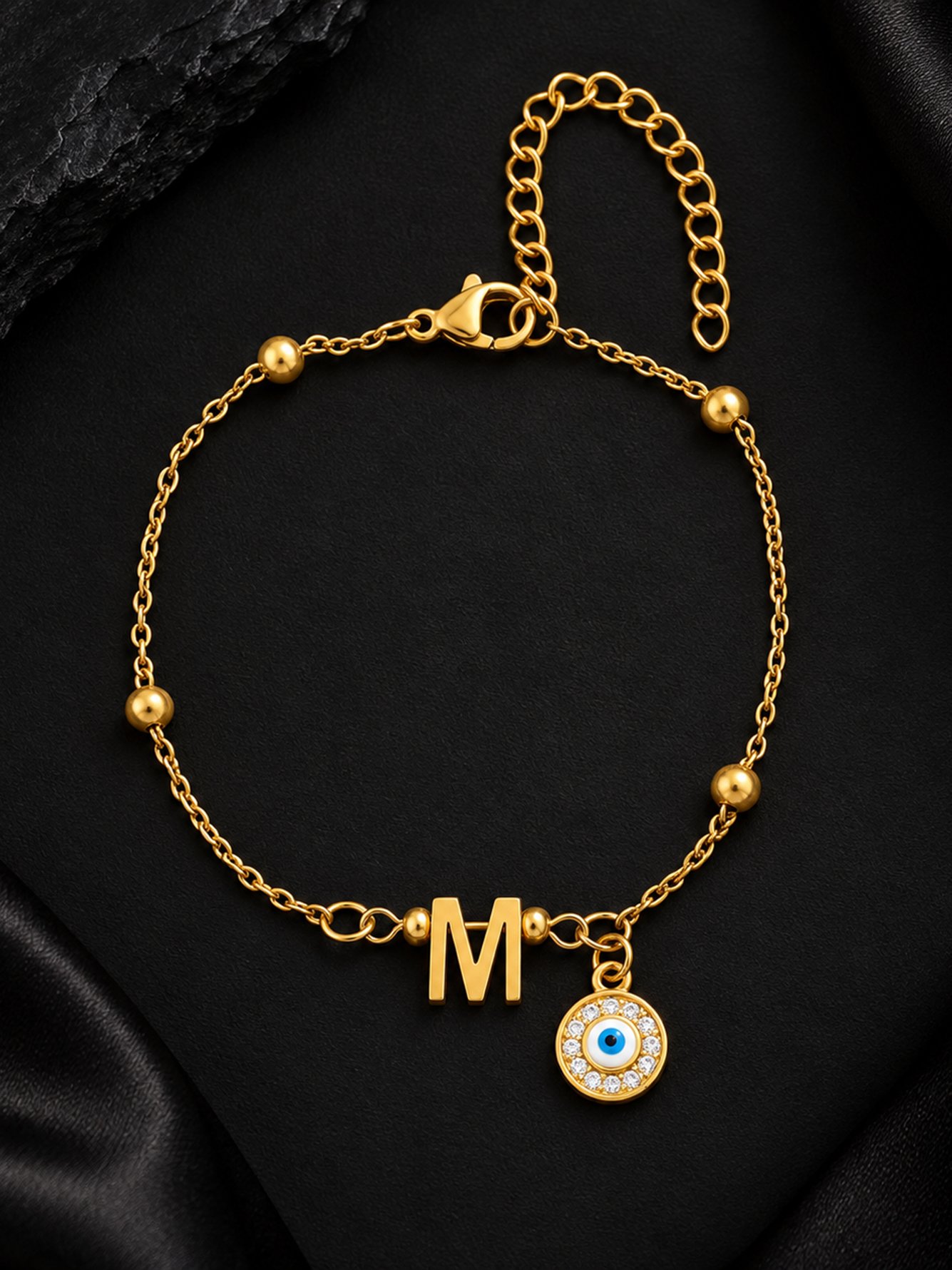 Round Evil Eye Initial M Pendant Golden Stainless Steel Chain Bracelet
