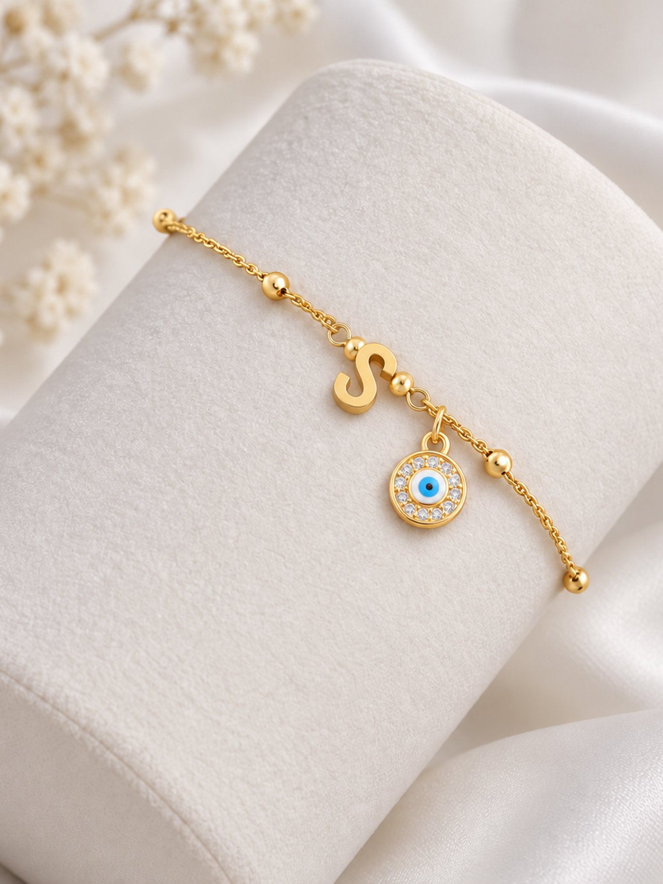 Gold Evil Eye and Initial S Charm Bracelet