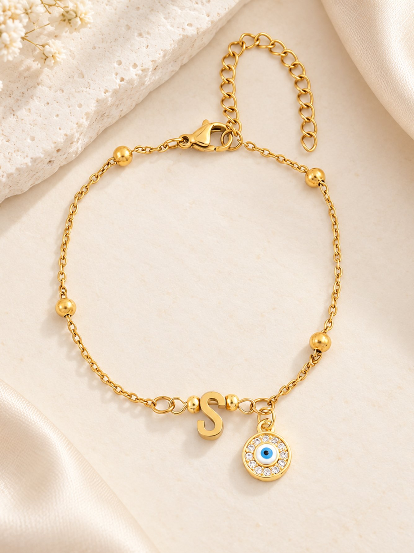 Gold Evil Eye and Initial S Charm Bracelet