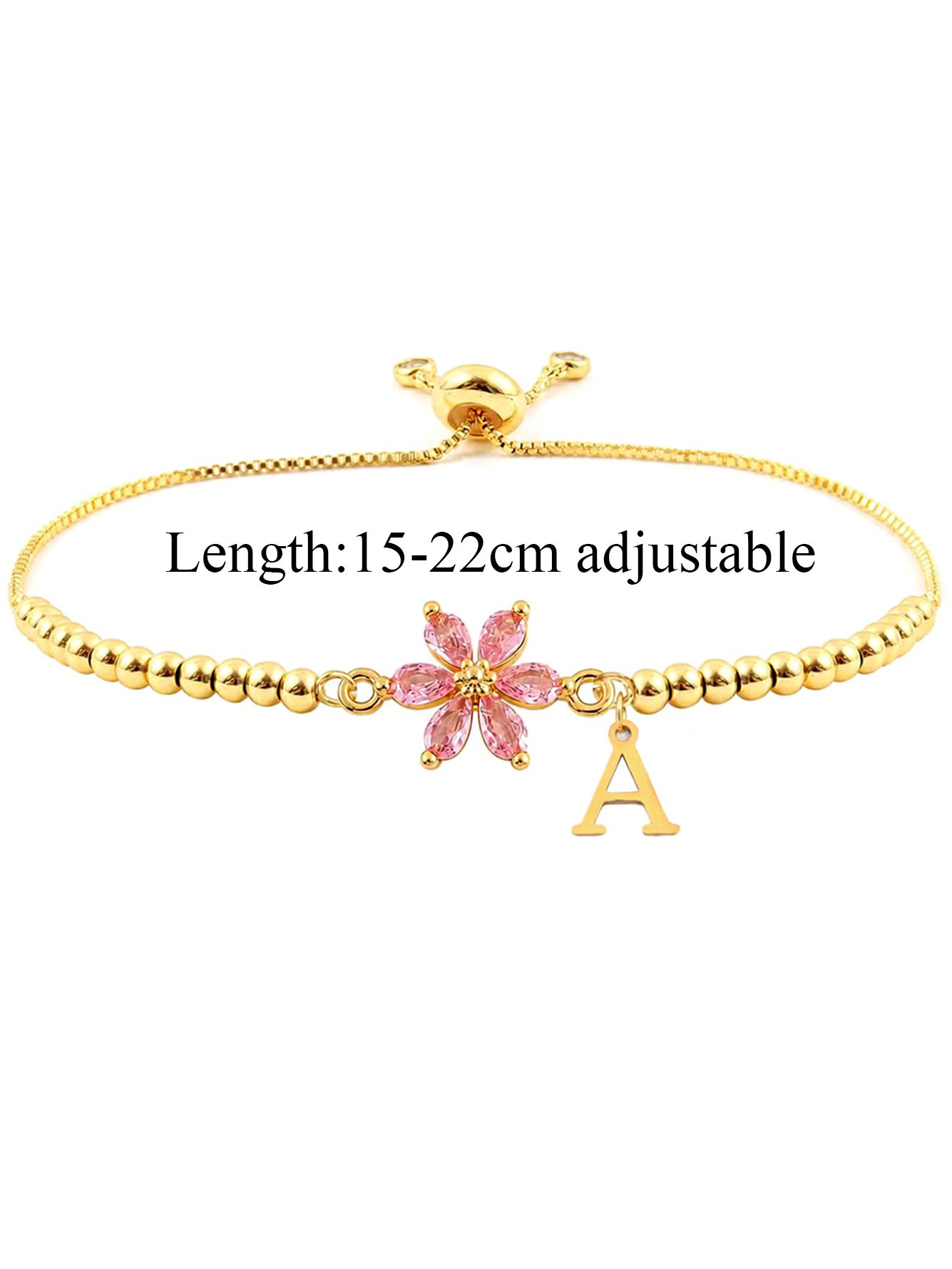Golden Beaded Bracelet with Pink Flower and Initial Charm