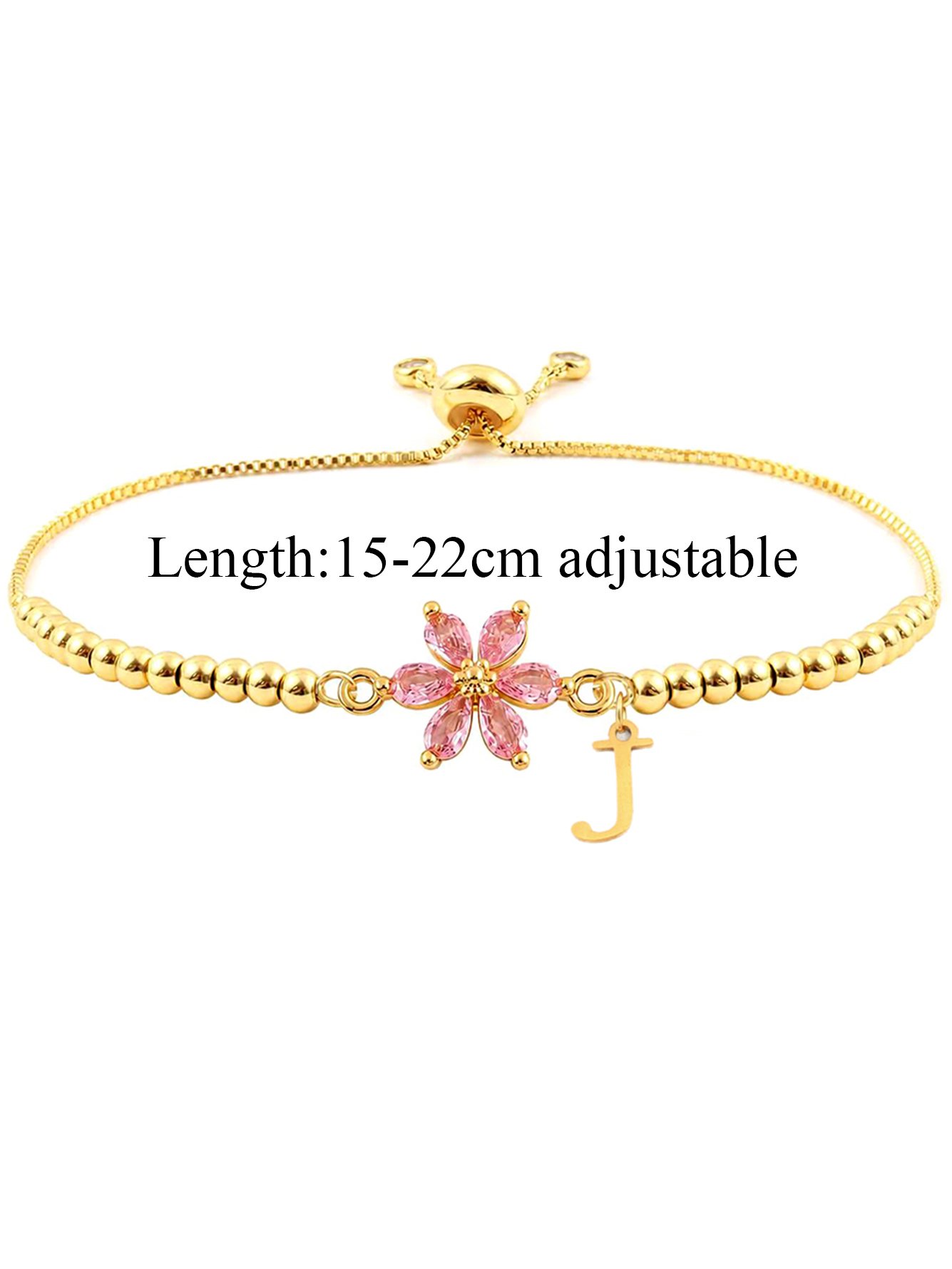 Gold Initial J Charm Bracelet with Pink Flower