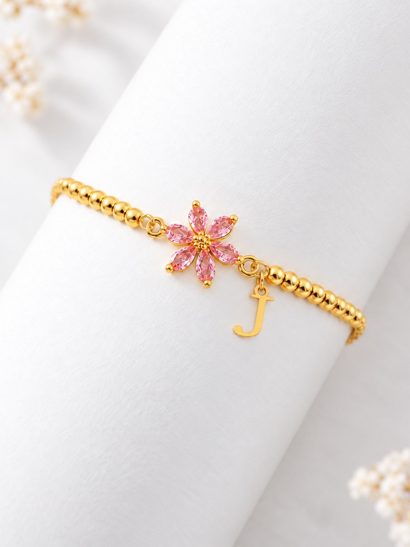 Gold Initial J Charm Bracelet with Pink Flower