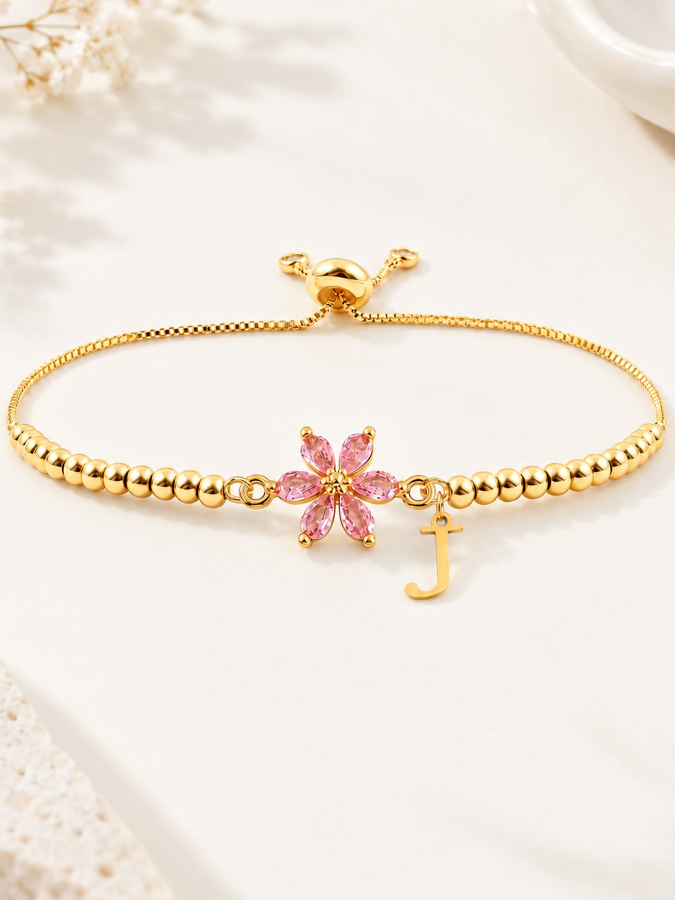 Gold Initial J Charm Bracelet with Pink Flower