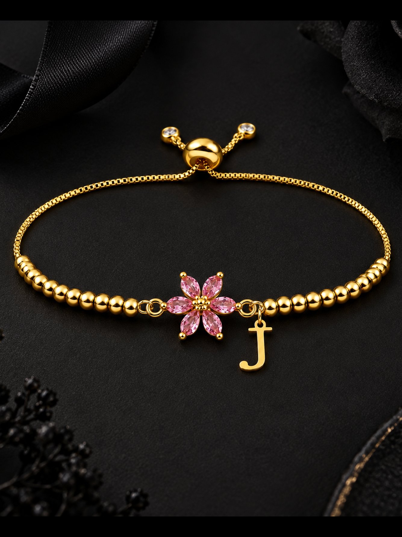 Gold Initial J Charm Bracelet with Pink Flower