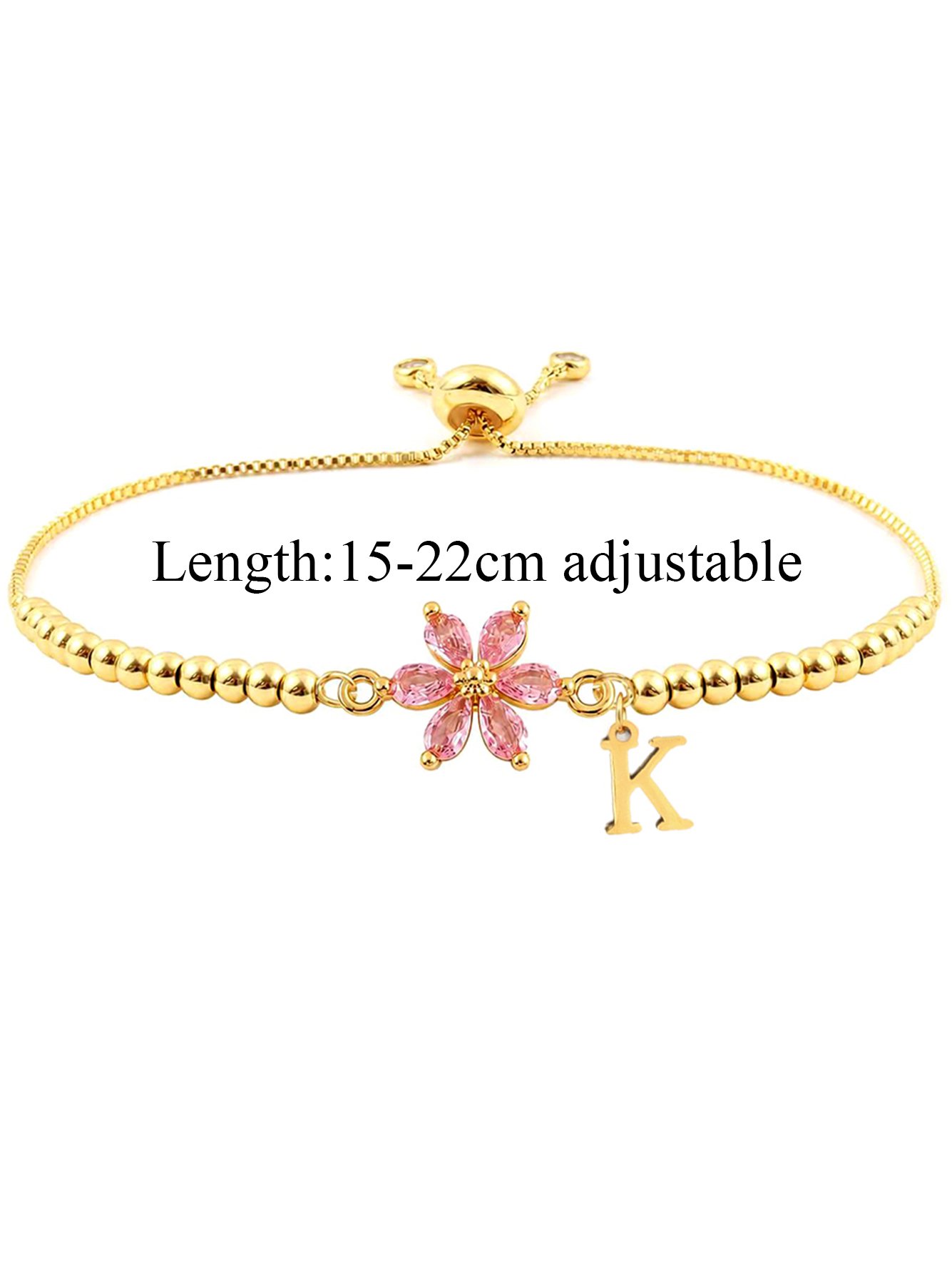 Pink Flower Initial K Pendant Golden Adjustable Beaded Chain Bracelet