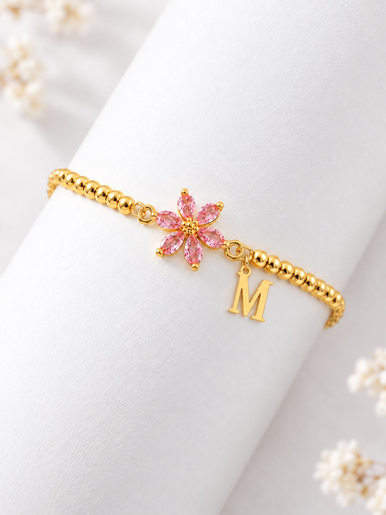 Gold Beaded Bracelet with Pink Flower and Initial Charm