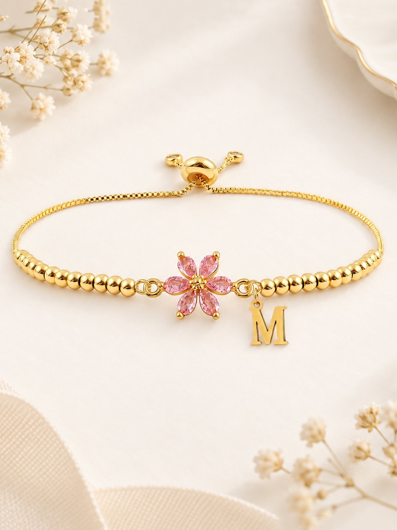 Gold Beaded Bracelet with Pink Flower and Initial Charm
