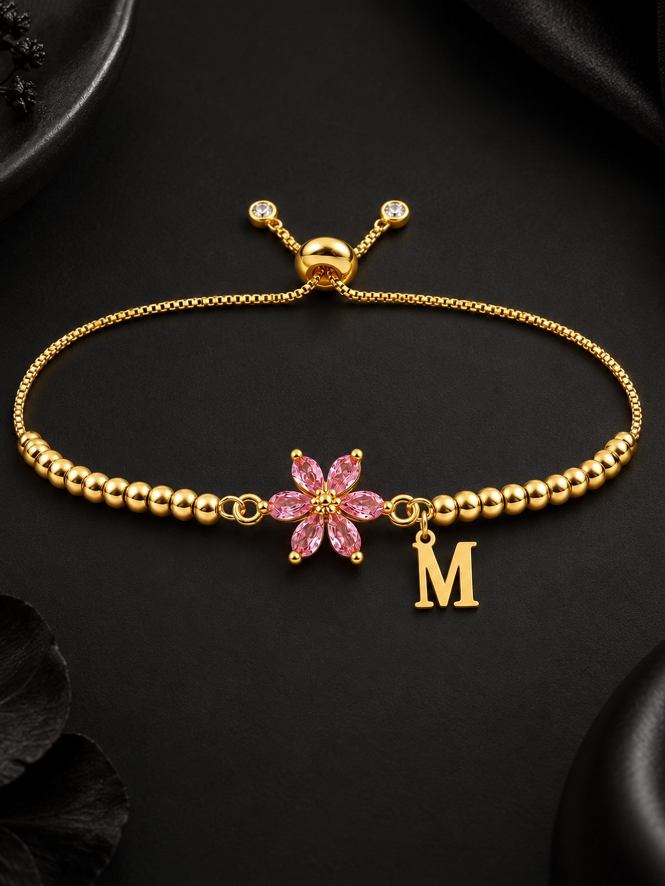 Gold Beaded Bracelet with Pink Flower and Initial Charm