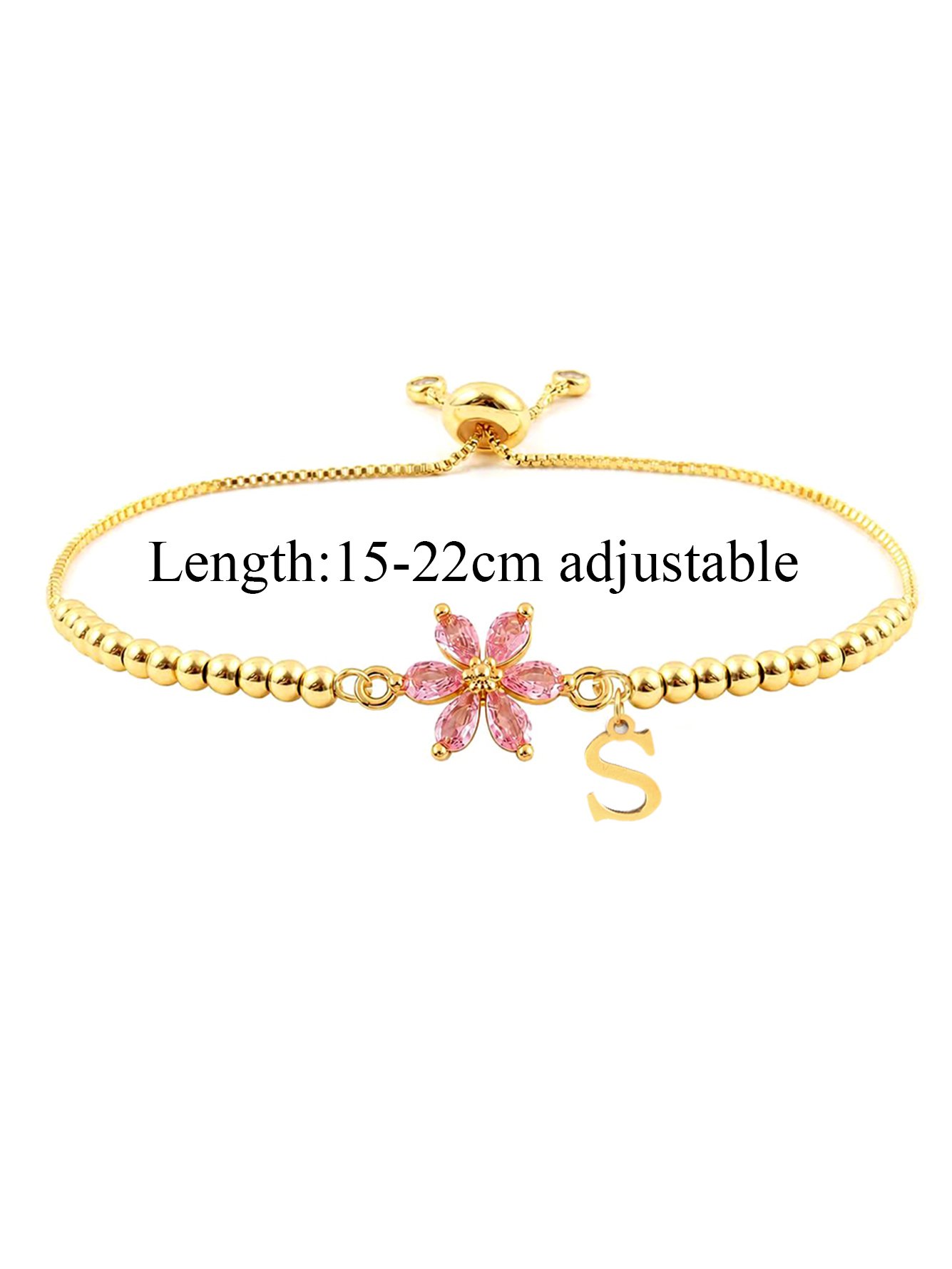 Golden Beaded Bracelet with Pink Flower and Initial Charm 