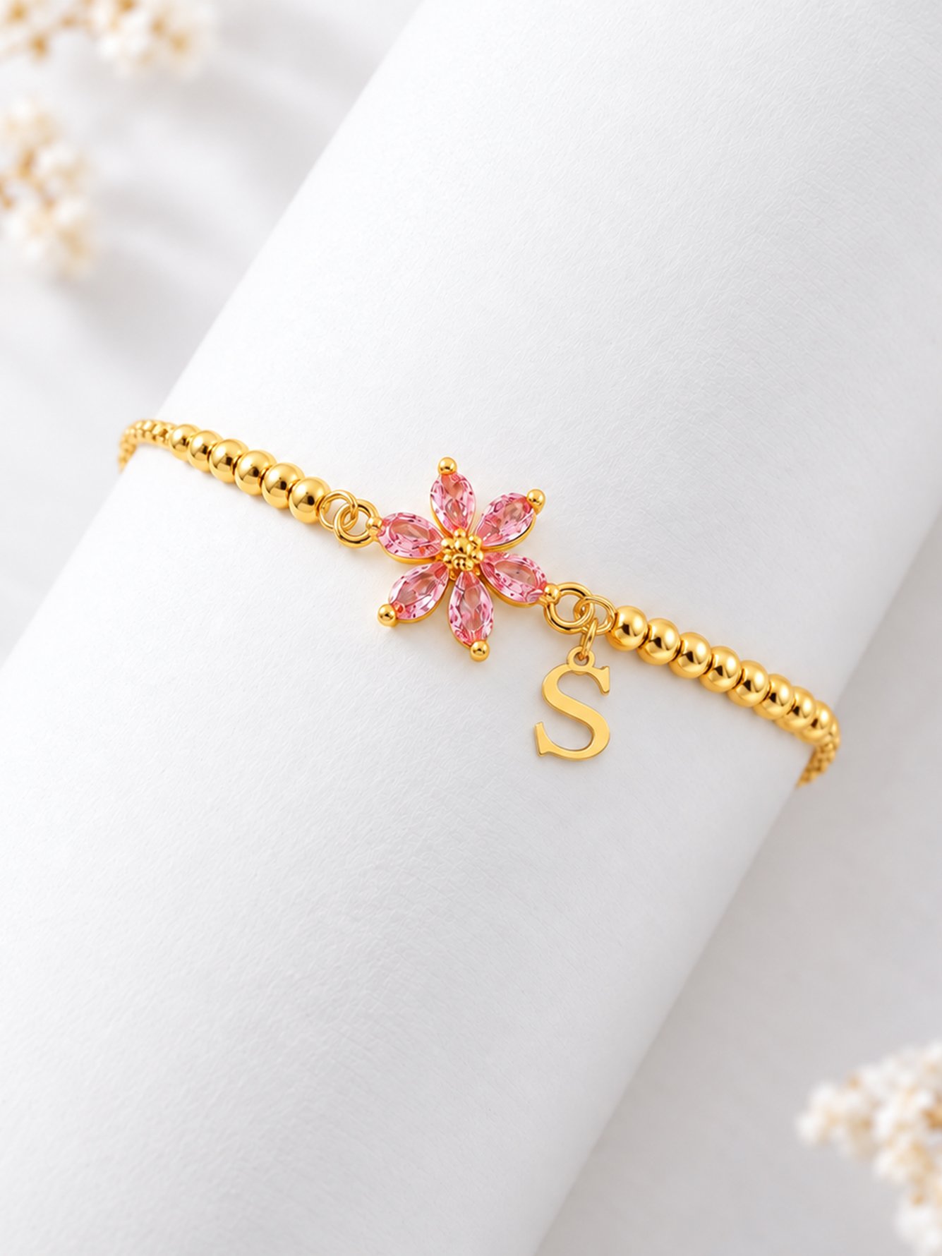 Golden Beaded Bracelet with Pink Flower and Initial Charm 