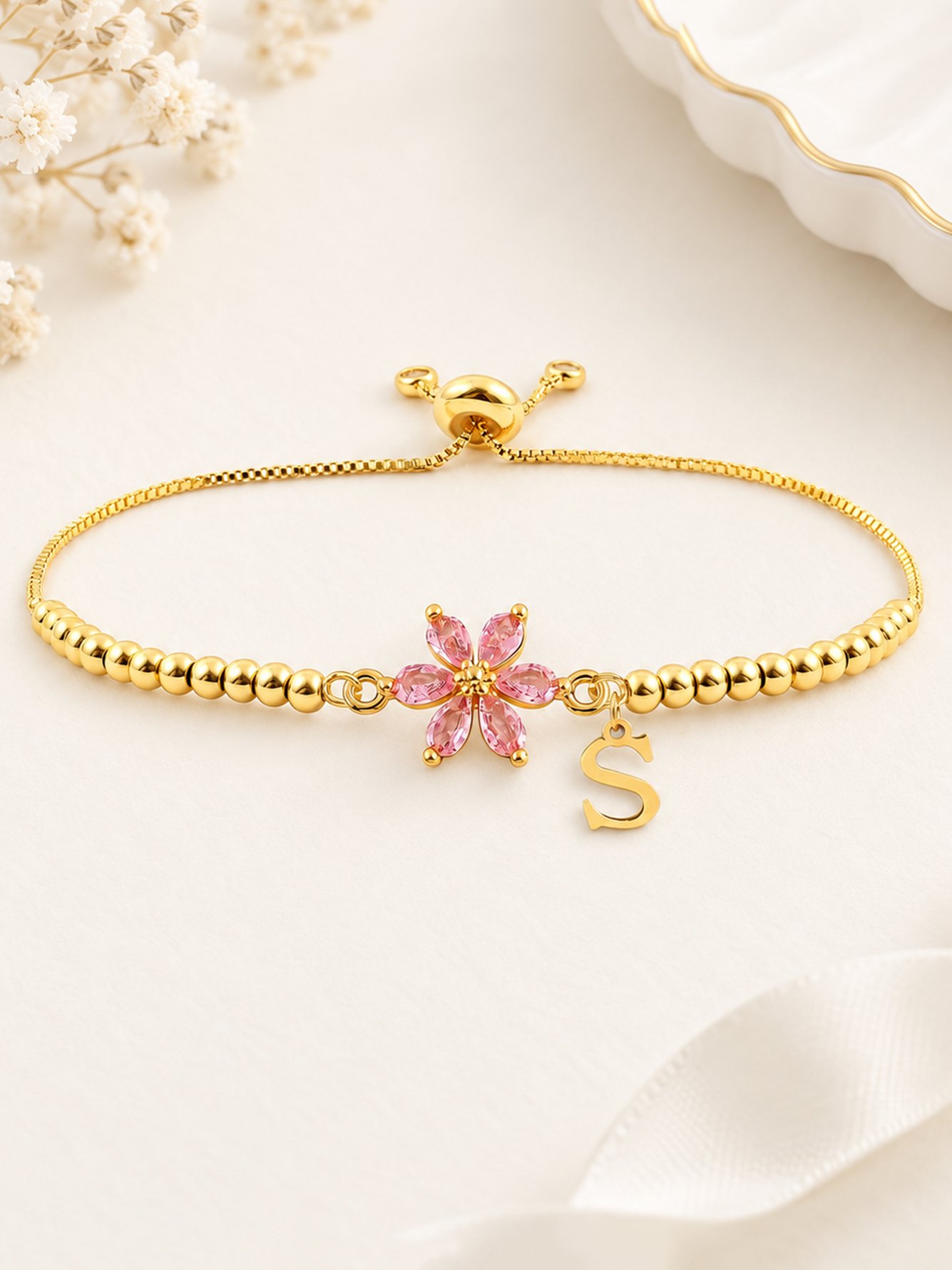 Golden Beaded Bracelet with Pink Flower and Initial Charm 