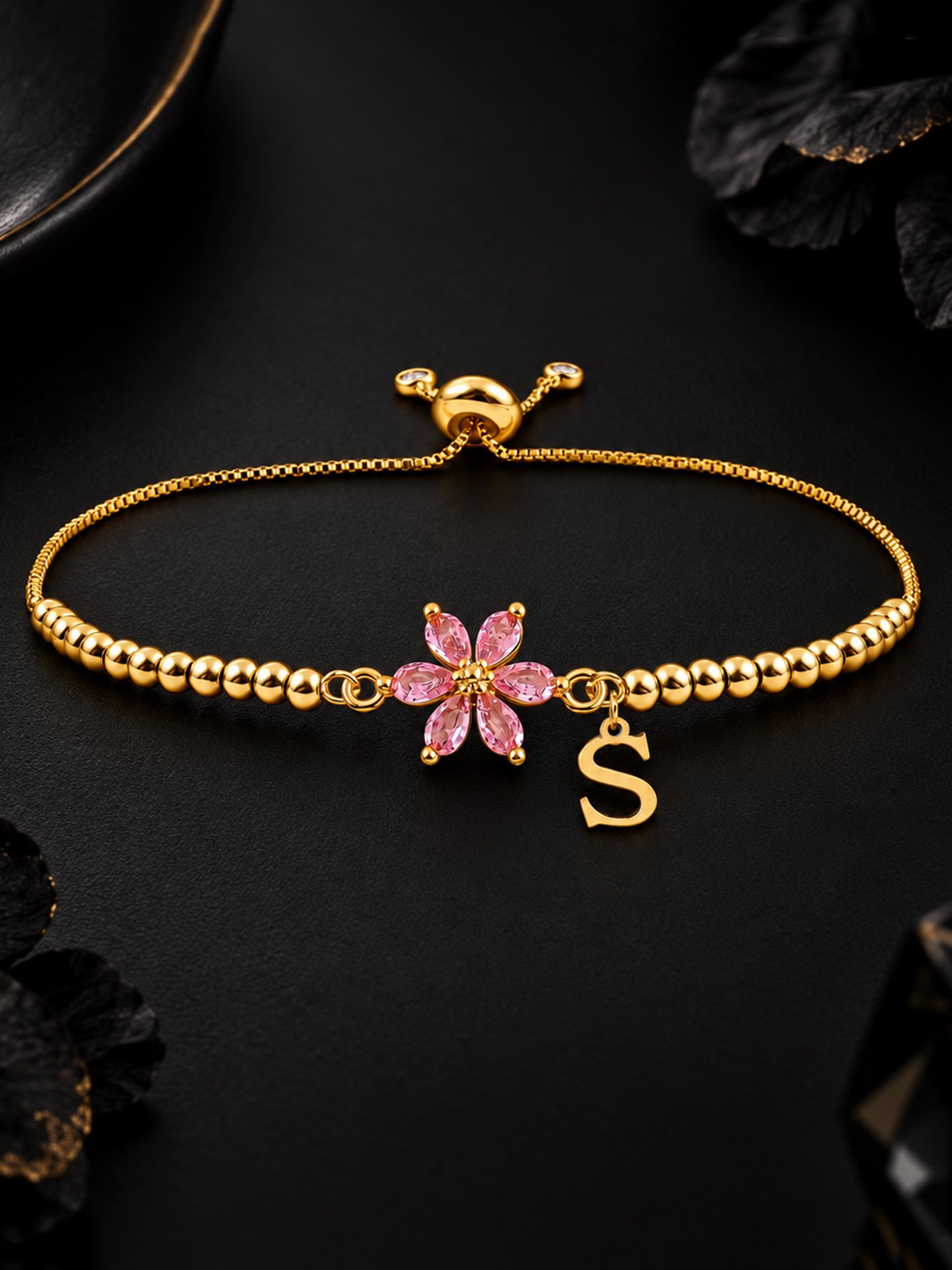 Golden Beaded Bracelet with Pink Flower and Initial Charm 