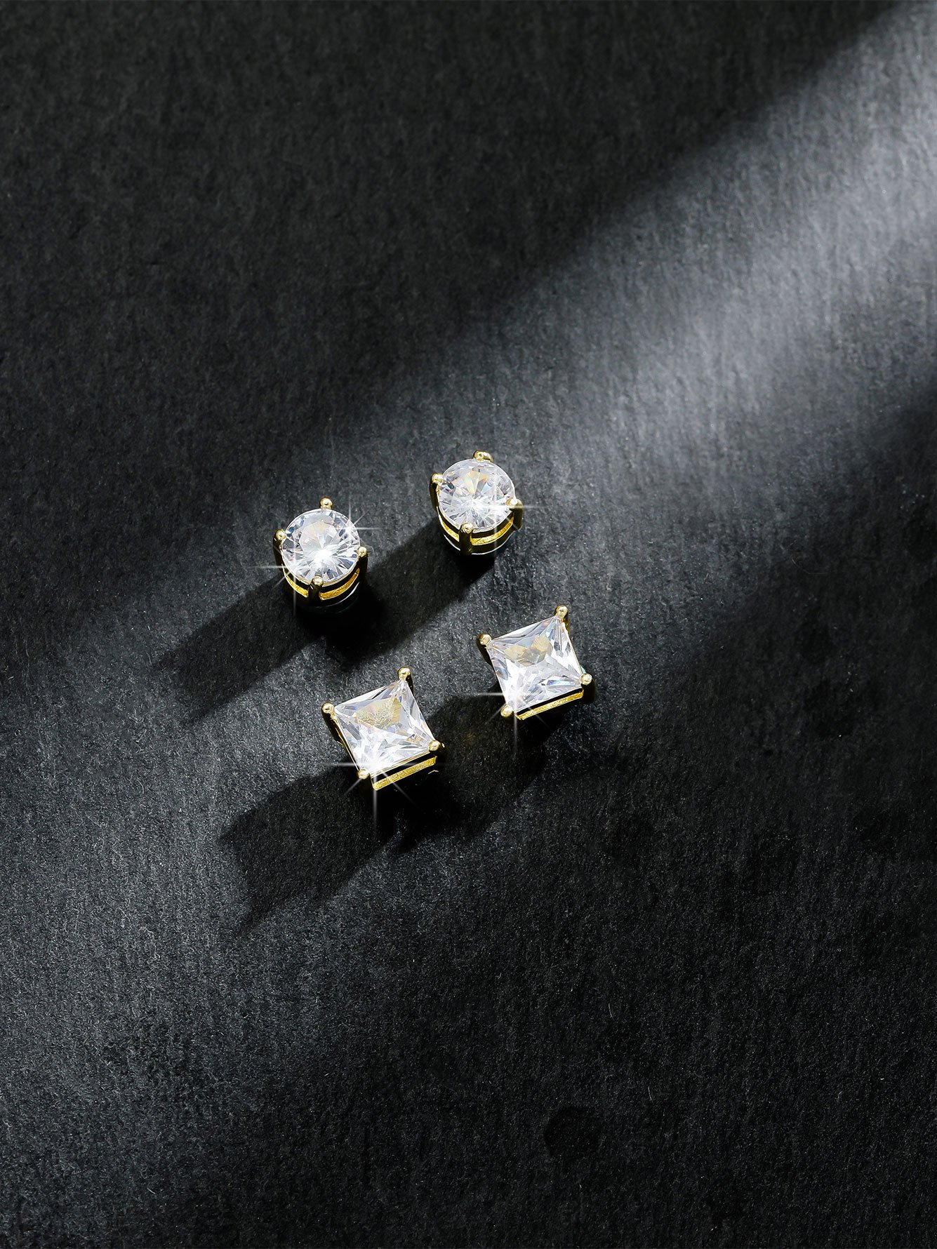 Silver Square and Round Zircon Stud Earrings