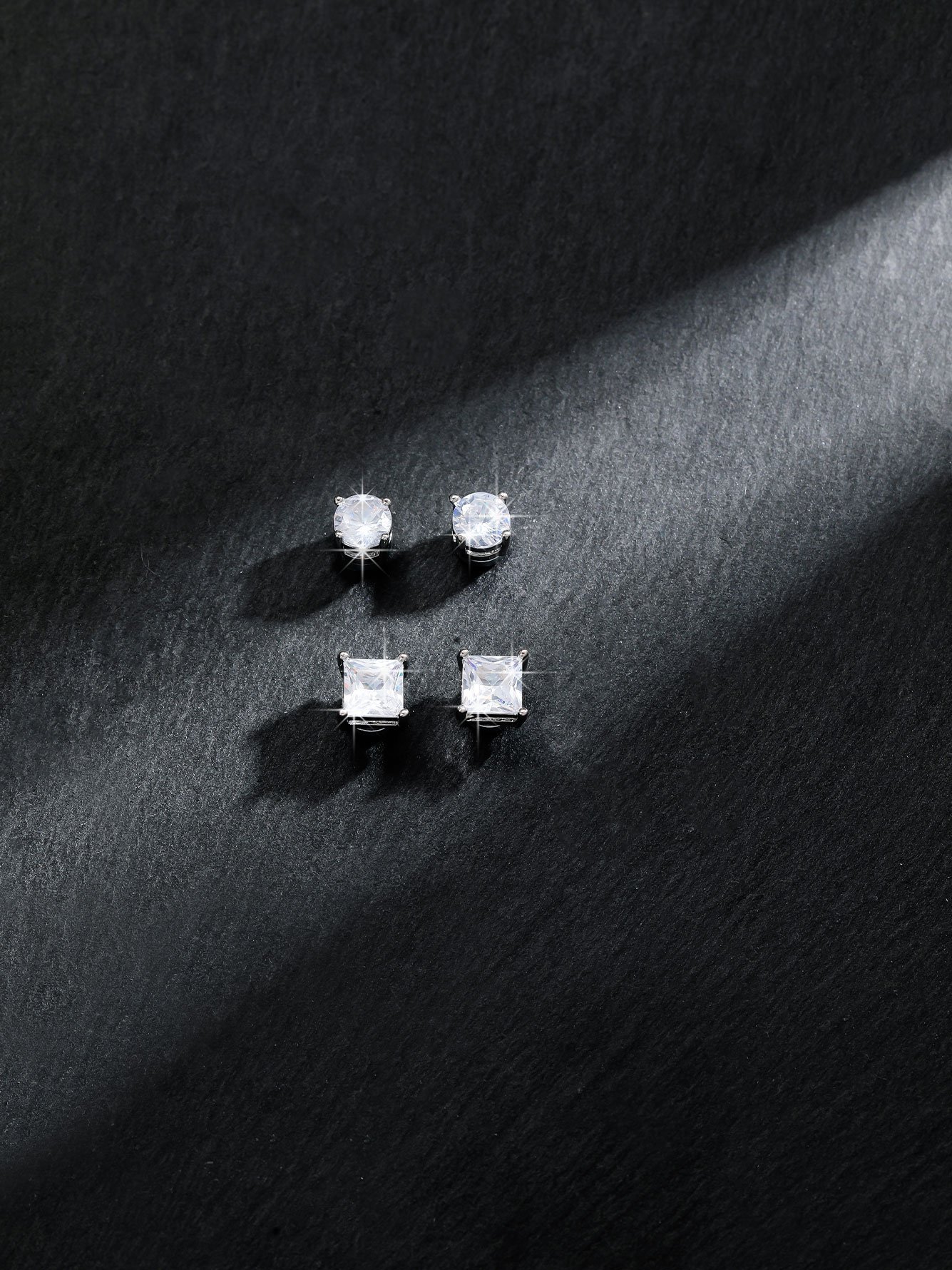 Silver Square and Round Zircon Stud Earrings