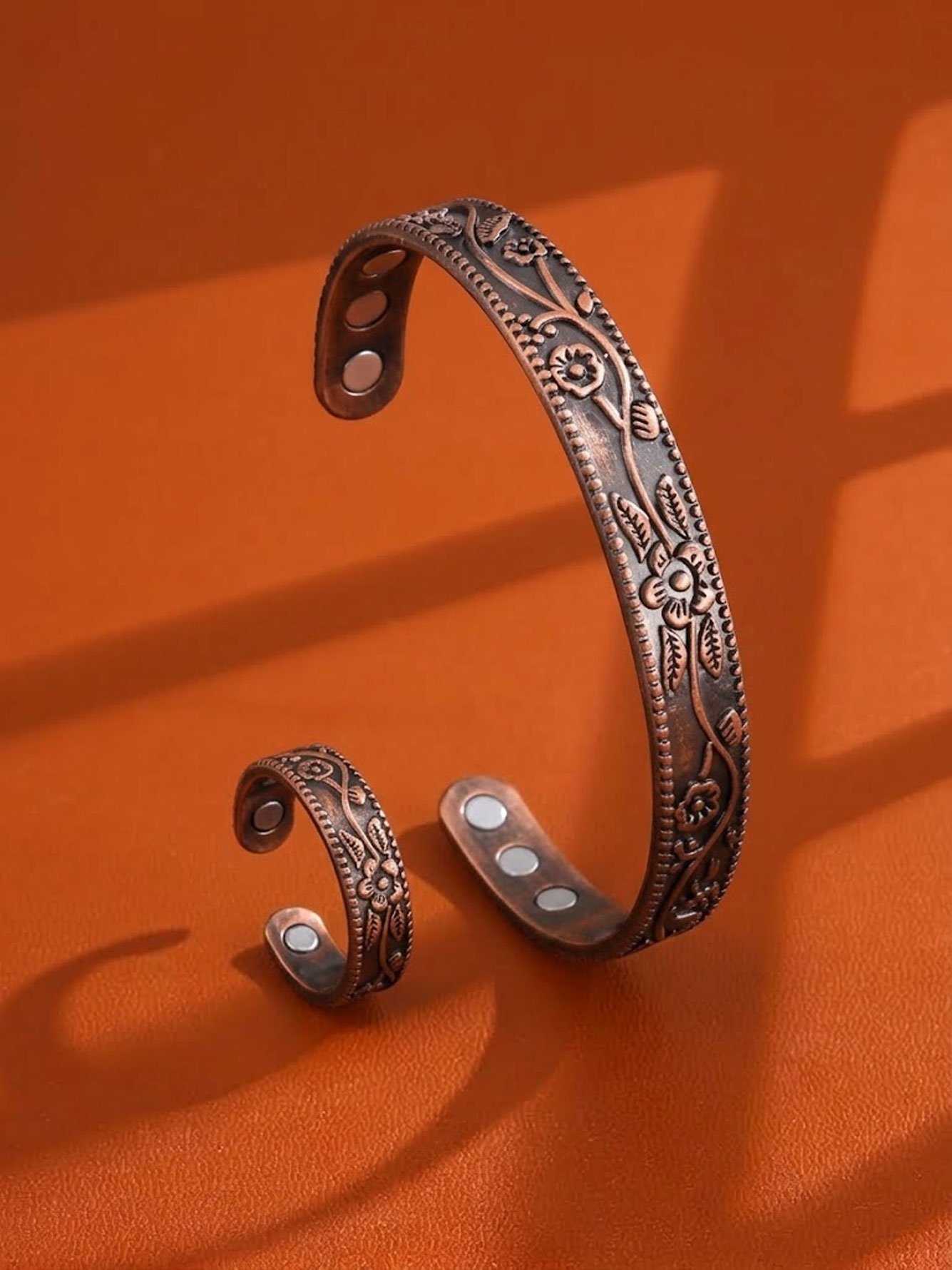 2-Piece Floral Magnetic Bracelet Open Ring Jewelry Set