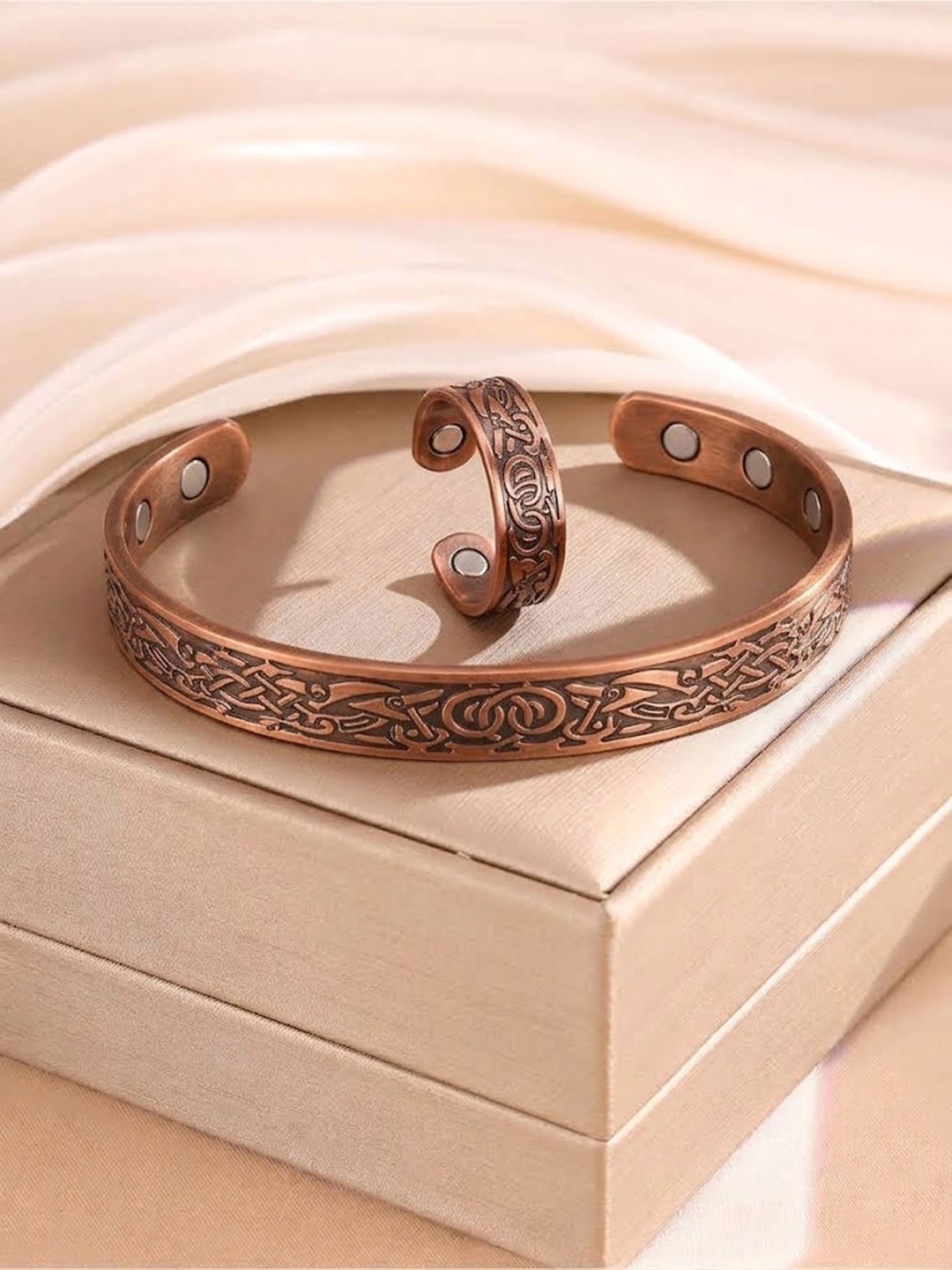 2-Piece Copper Celtic Knot Open Cuff Bracelet and Ring Jewelry Set