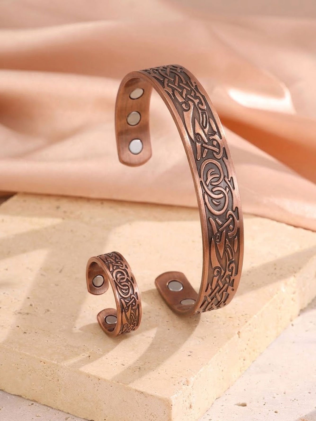 2-Piece Copper Celtic Knot Open Cuff Bracelet and Ring Jewelry Set