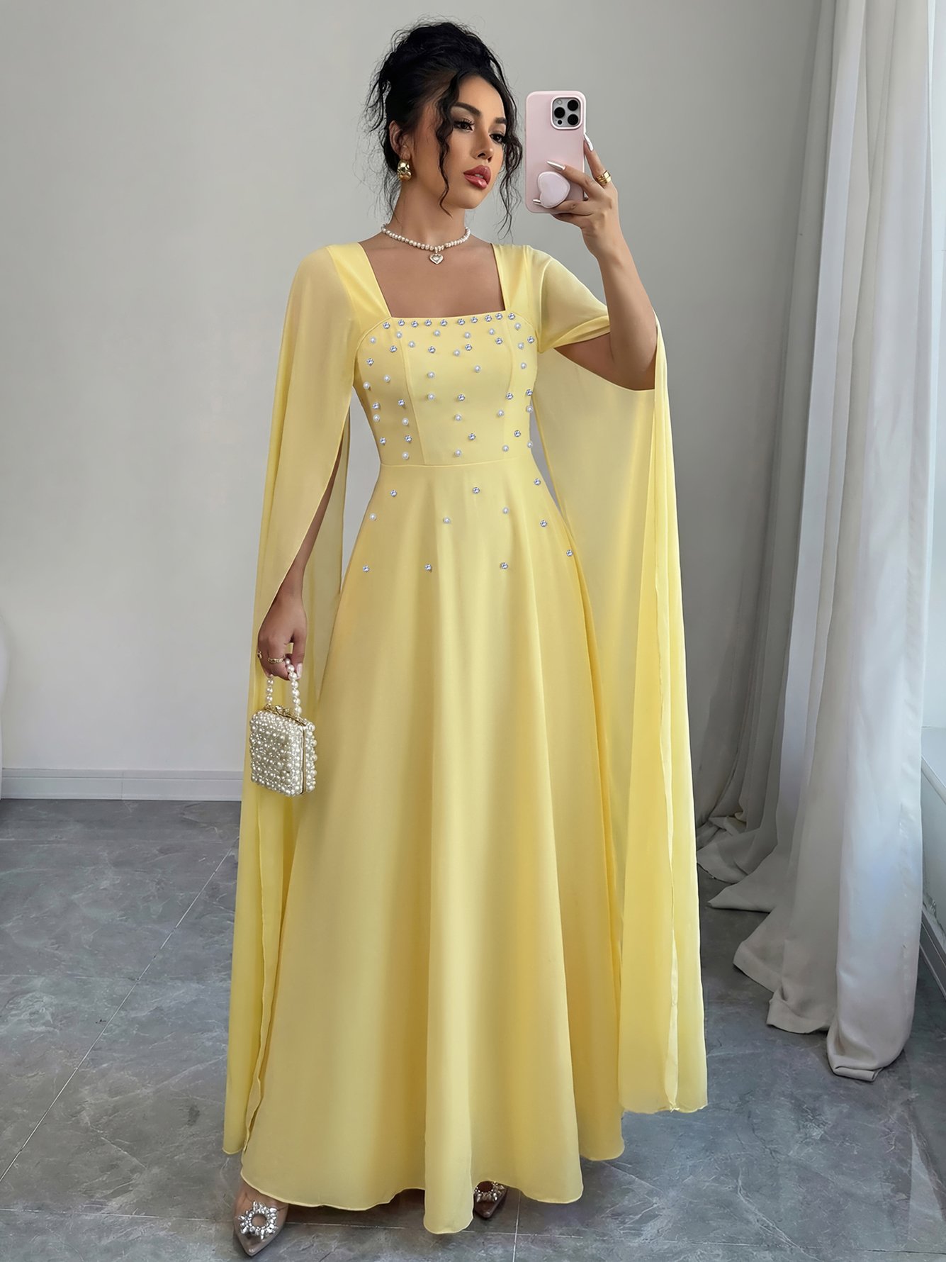 Yellow Solid Square Neck Cape Maxi Dress