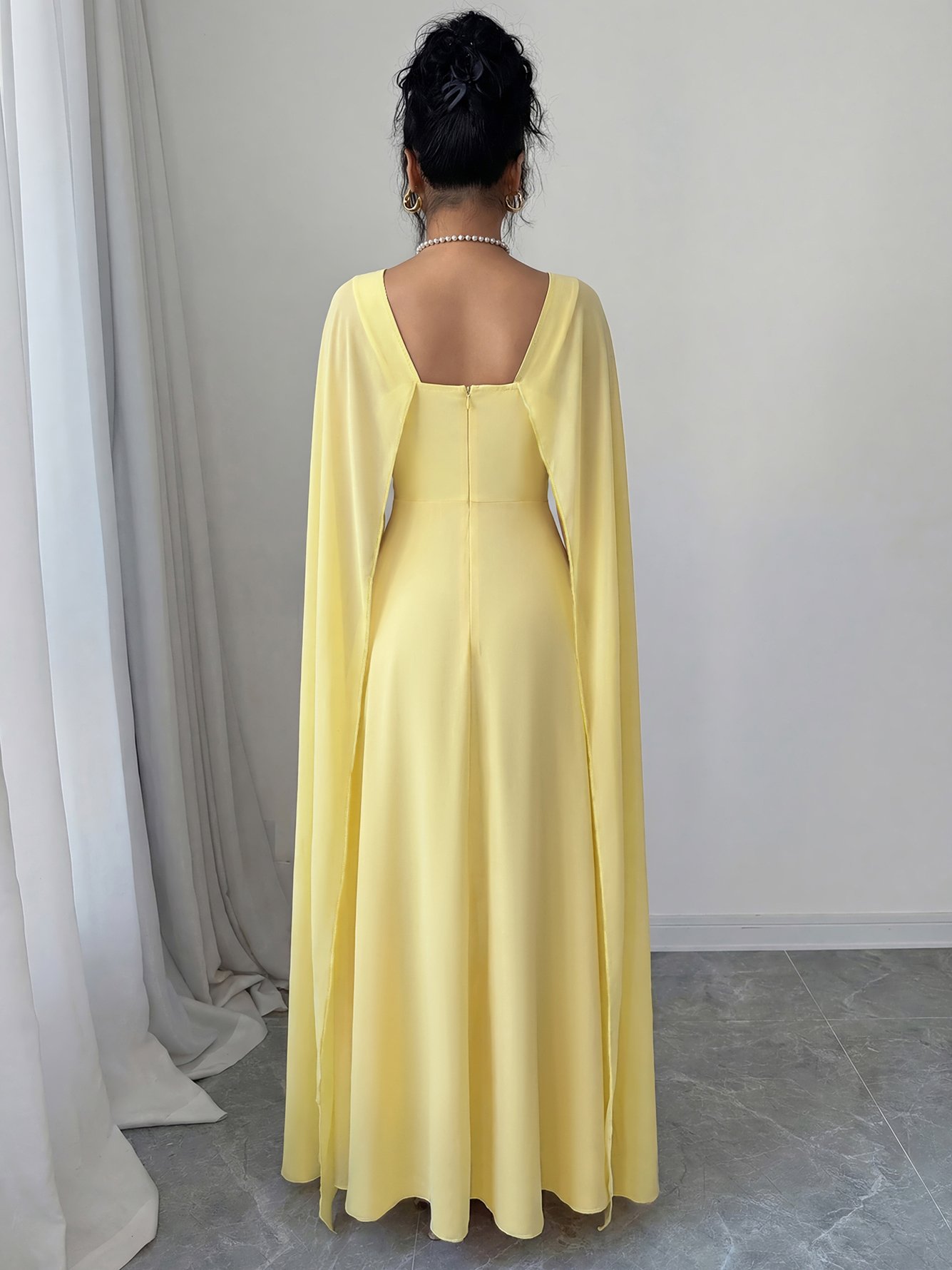 Yellow Solid Square Neck Cape Maxi Dress