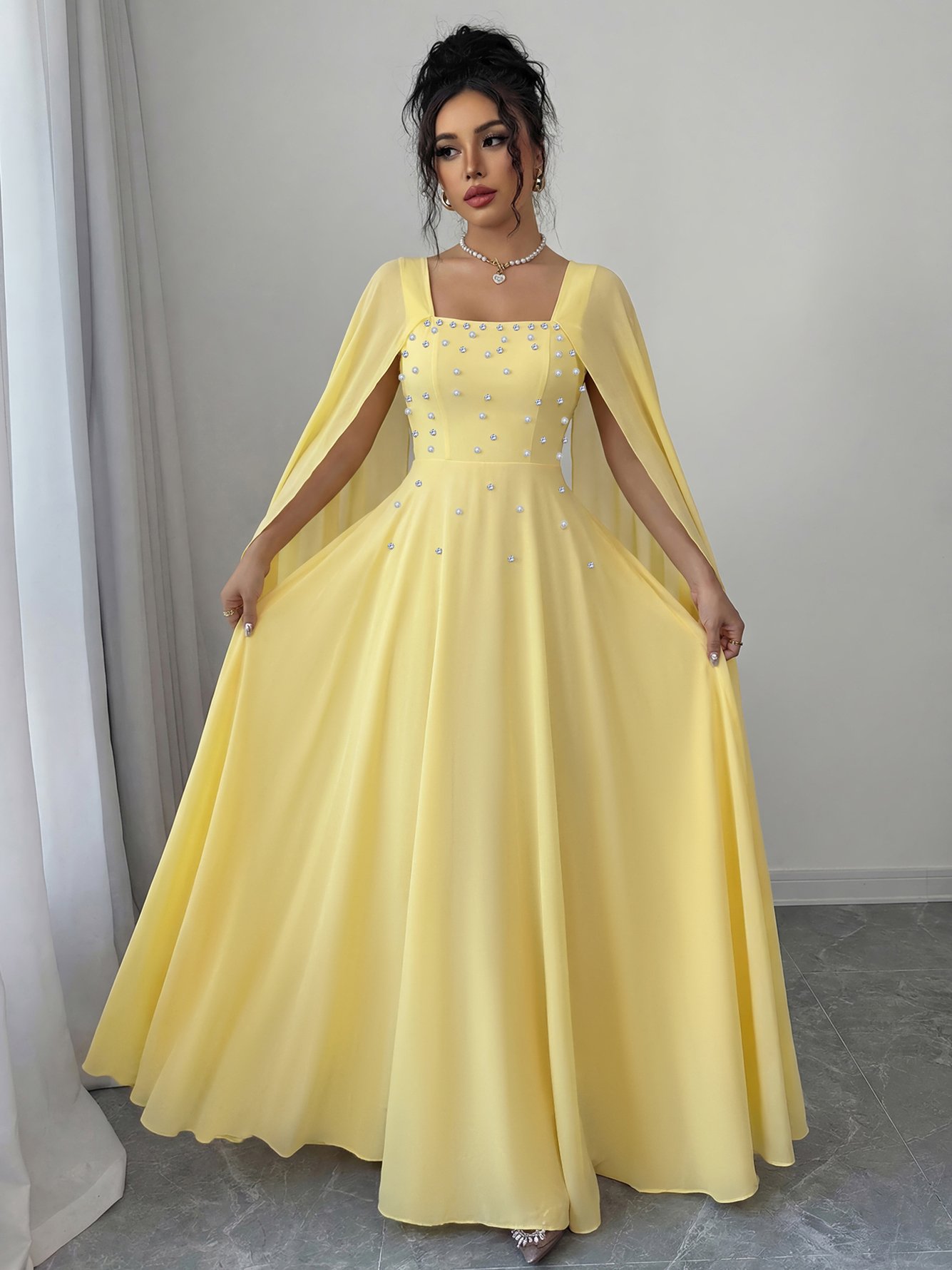 Yellow Solid Square Neck Cape Maxi Dress