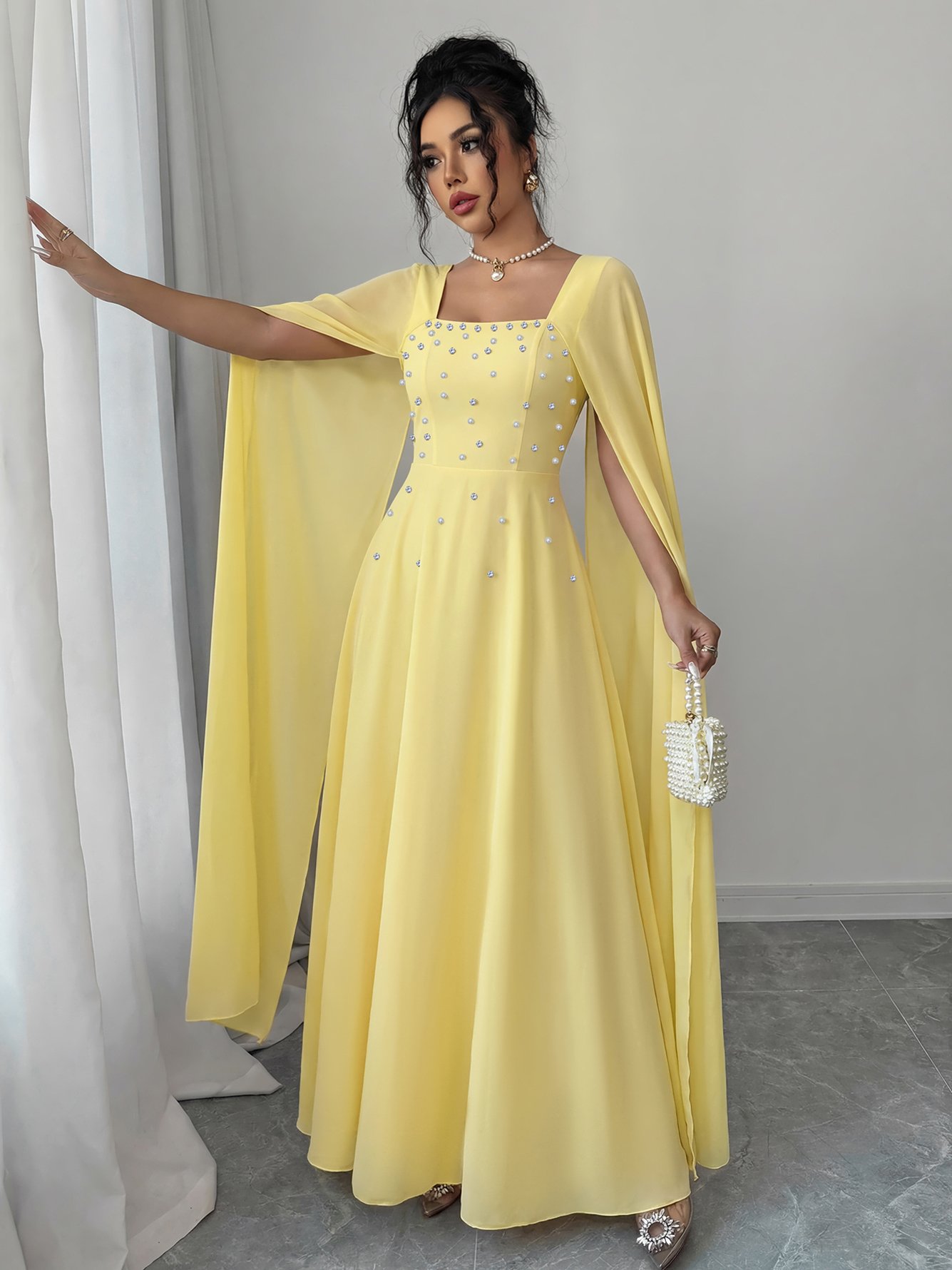 Yellow Solid Square Neck Cape Maxi Dress