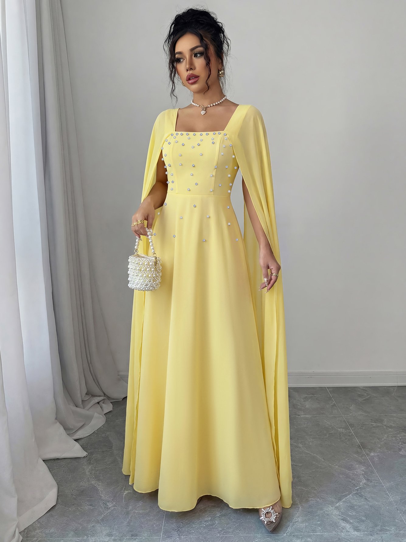 Yellow Solid Square Neck Cape Maxi Dress