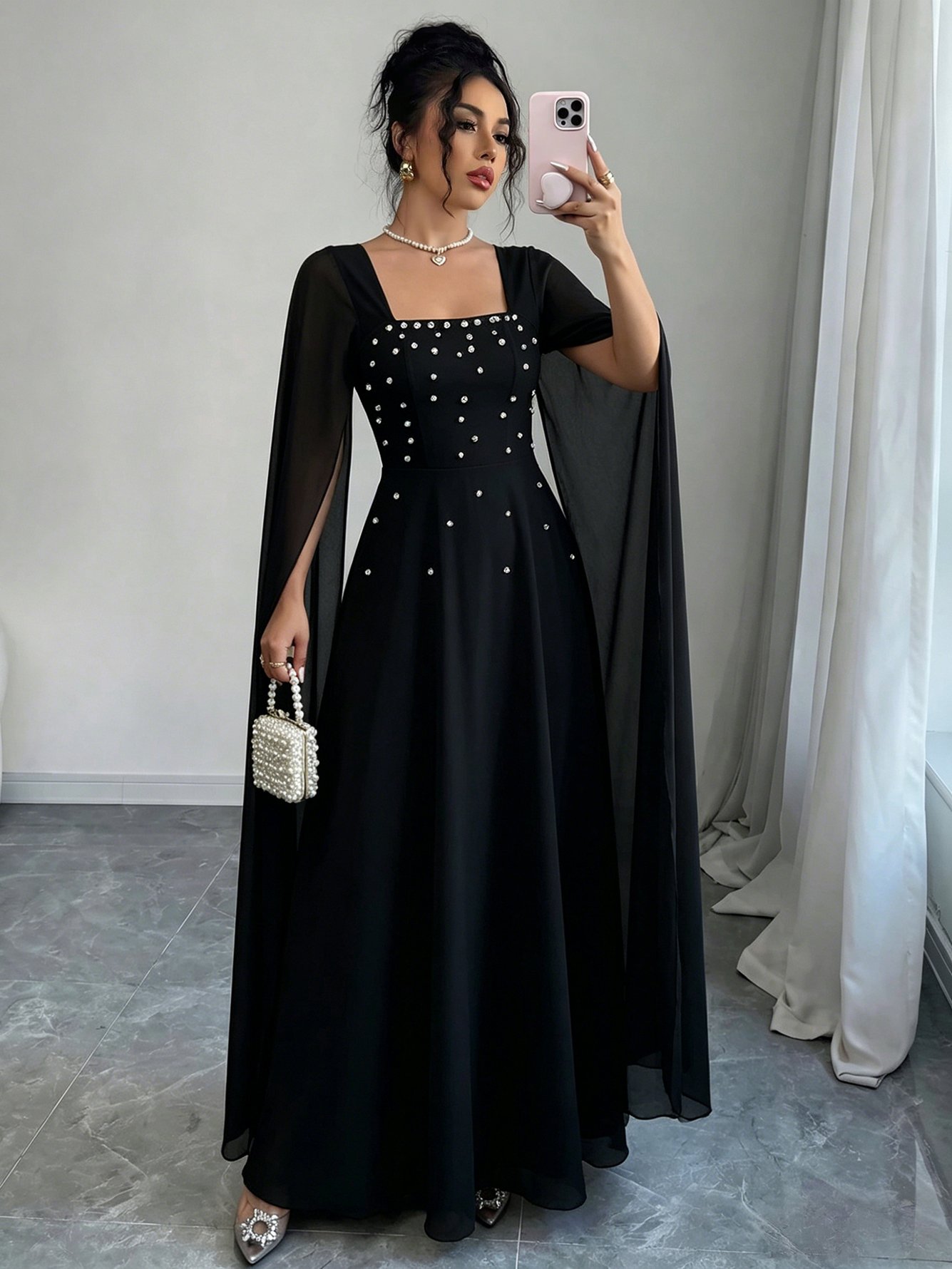 Black Embellished Square Neck Cape Maxi Dress